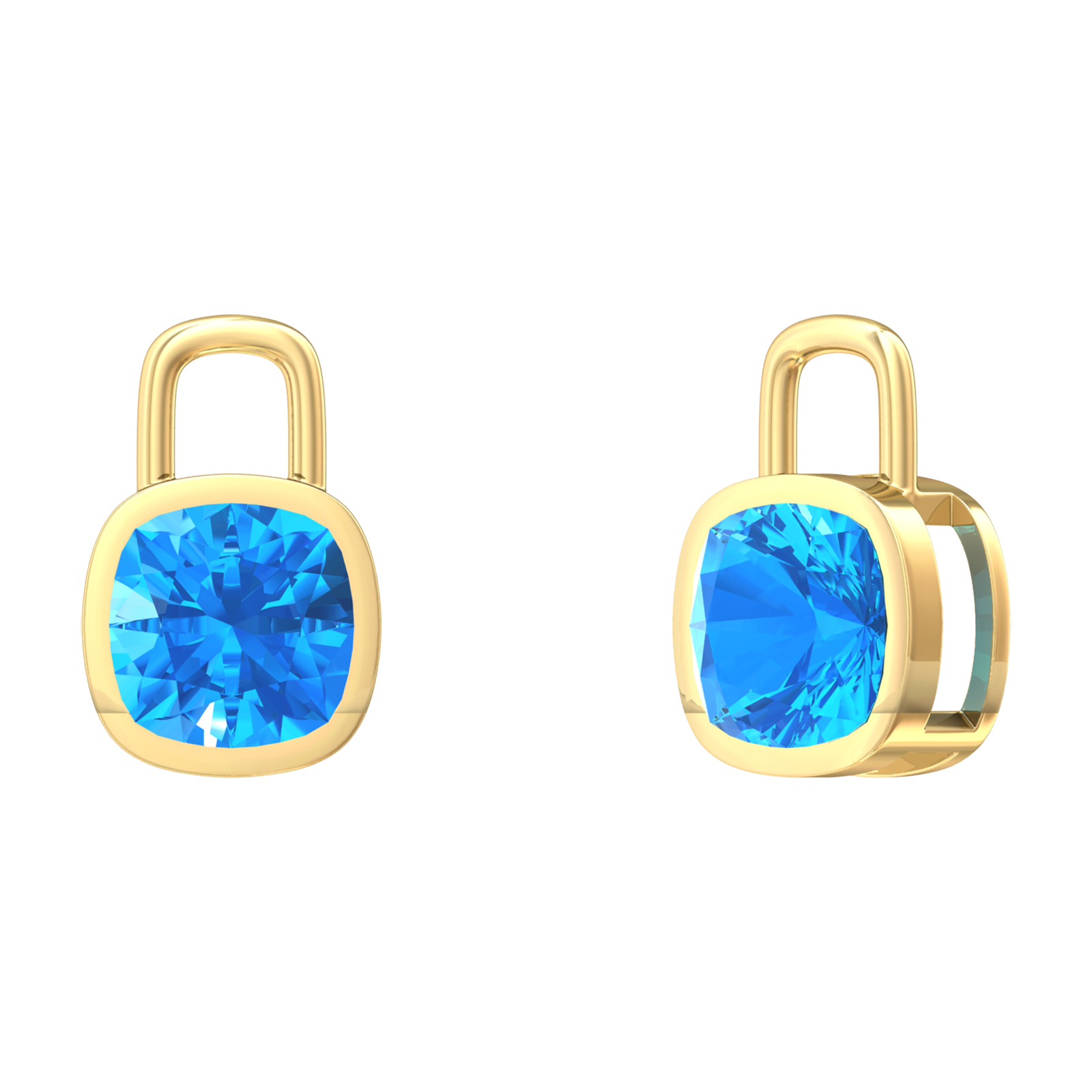 Nova earring attachments in a plain bezel setting with cushion shaped Swiss Blue Topaz Gardiner Brothers Yellow Gold