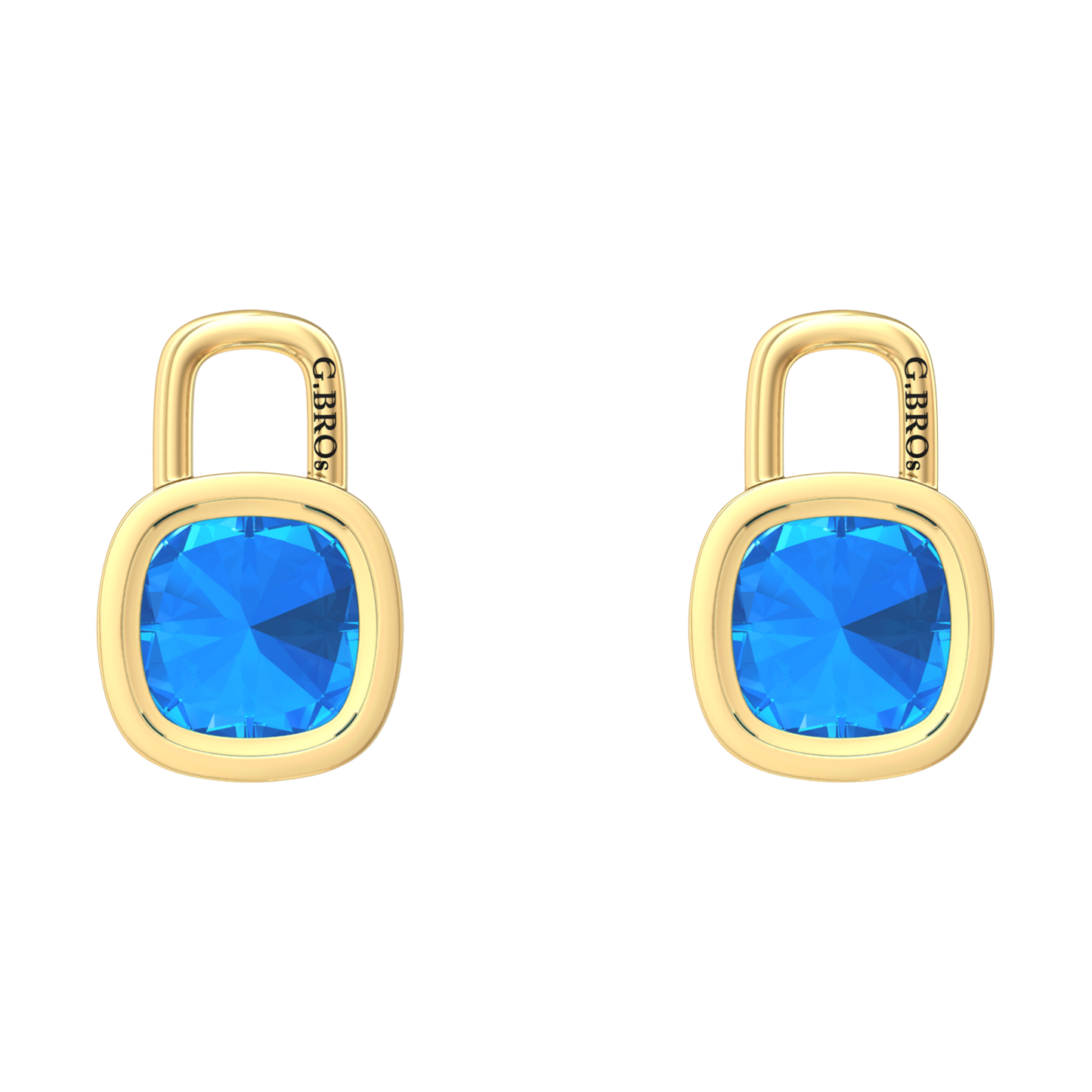 Nova earring attachments in a plain bezel setting with cushion shaped Swiss Blue Topaz Gardiner Brothers