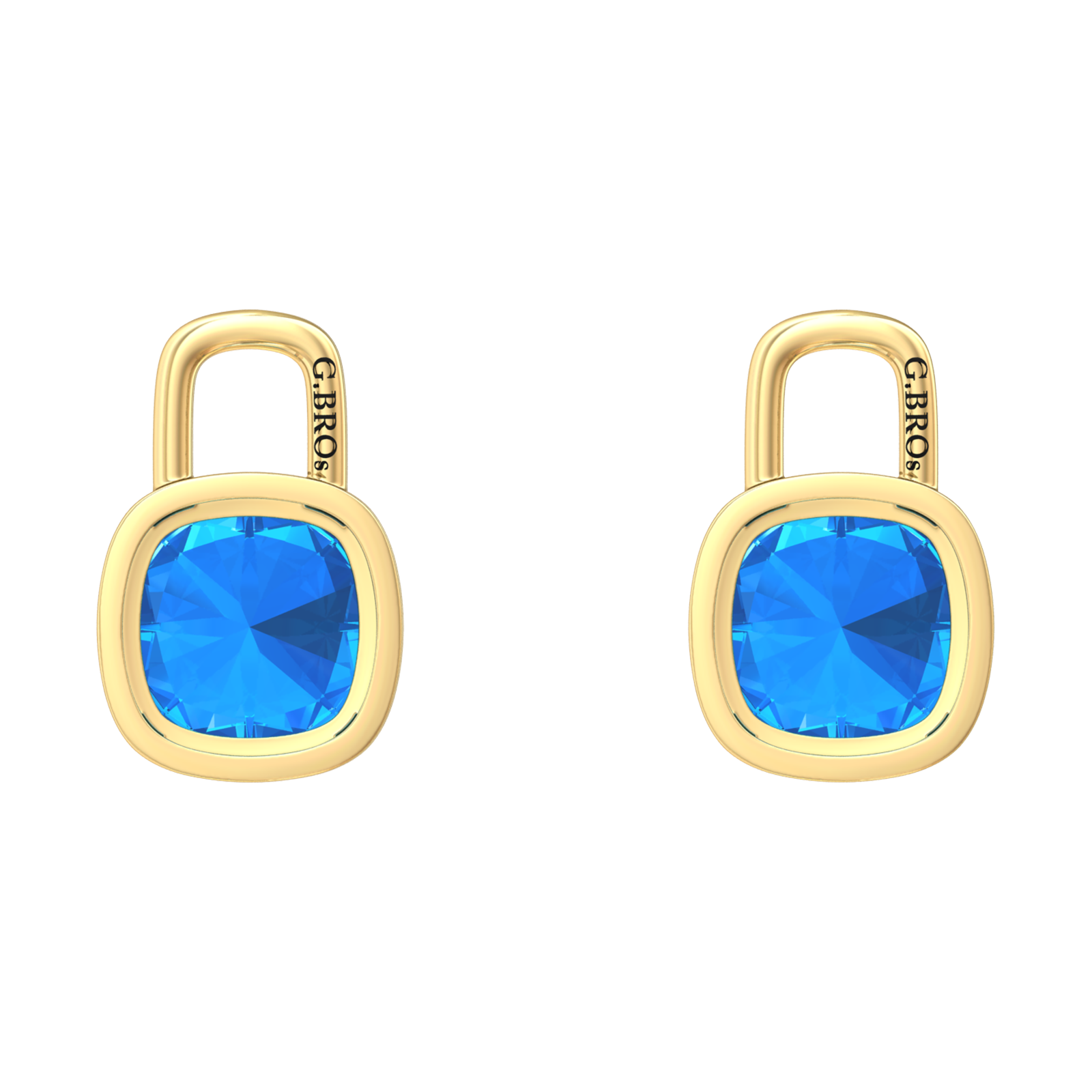 Nova earring attachments in a plain bezel setting with cushion shaped Swiss Blue Topaz Gardiner Brothers