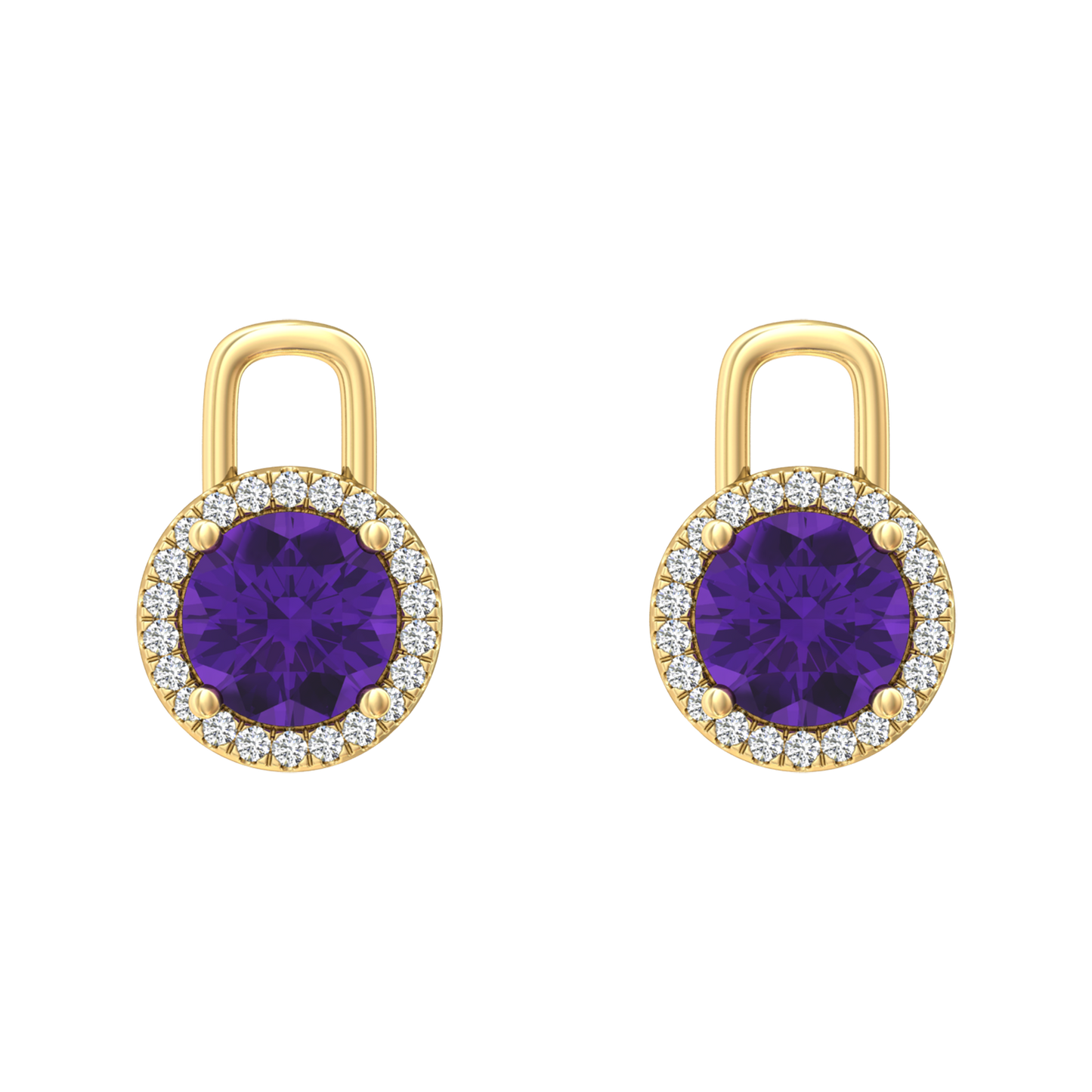 Nova diamond set earring attachments set with a round Amethyst Gardiner Brothers Yellow Gold