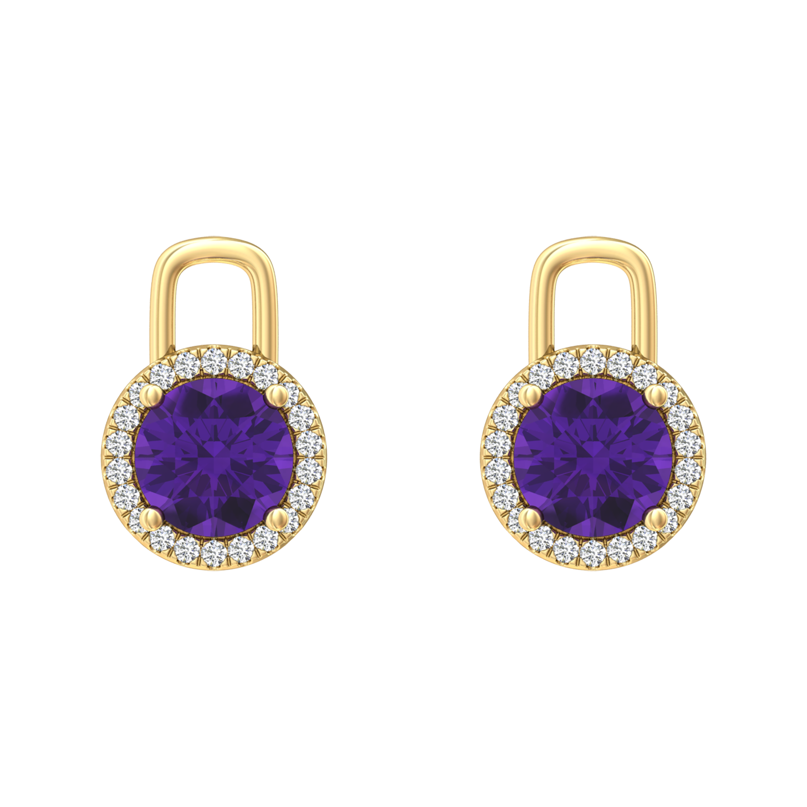 Nova diamond set earring attachments set with a round Amethyst Gardiner Brothers Yellow Gold