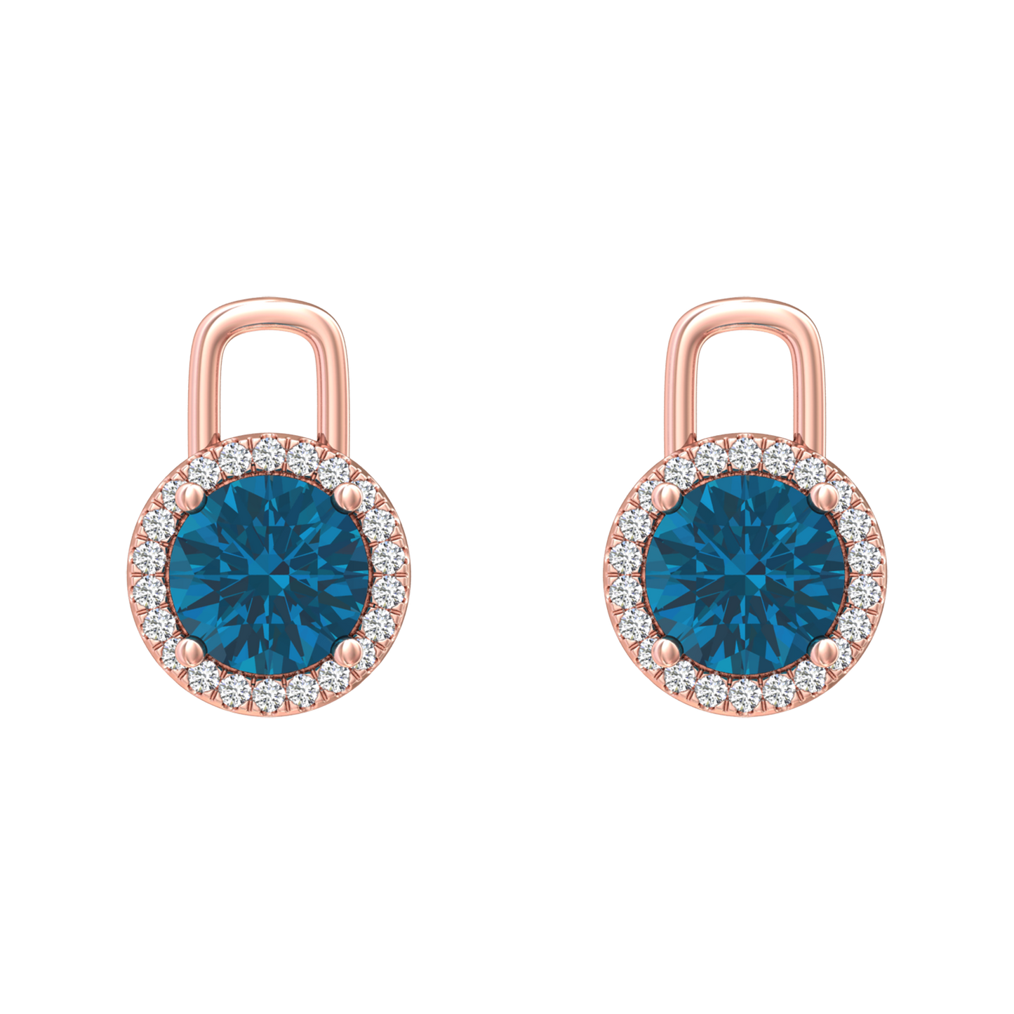 Nova diamond set earrings attachments set with a round London Blue Topaz Gardiner Brothers Rose Gold