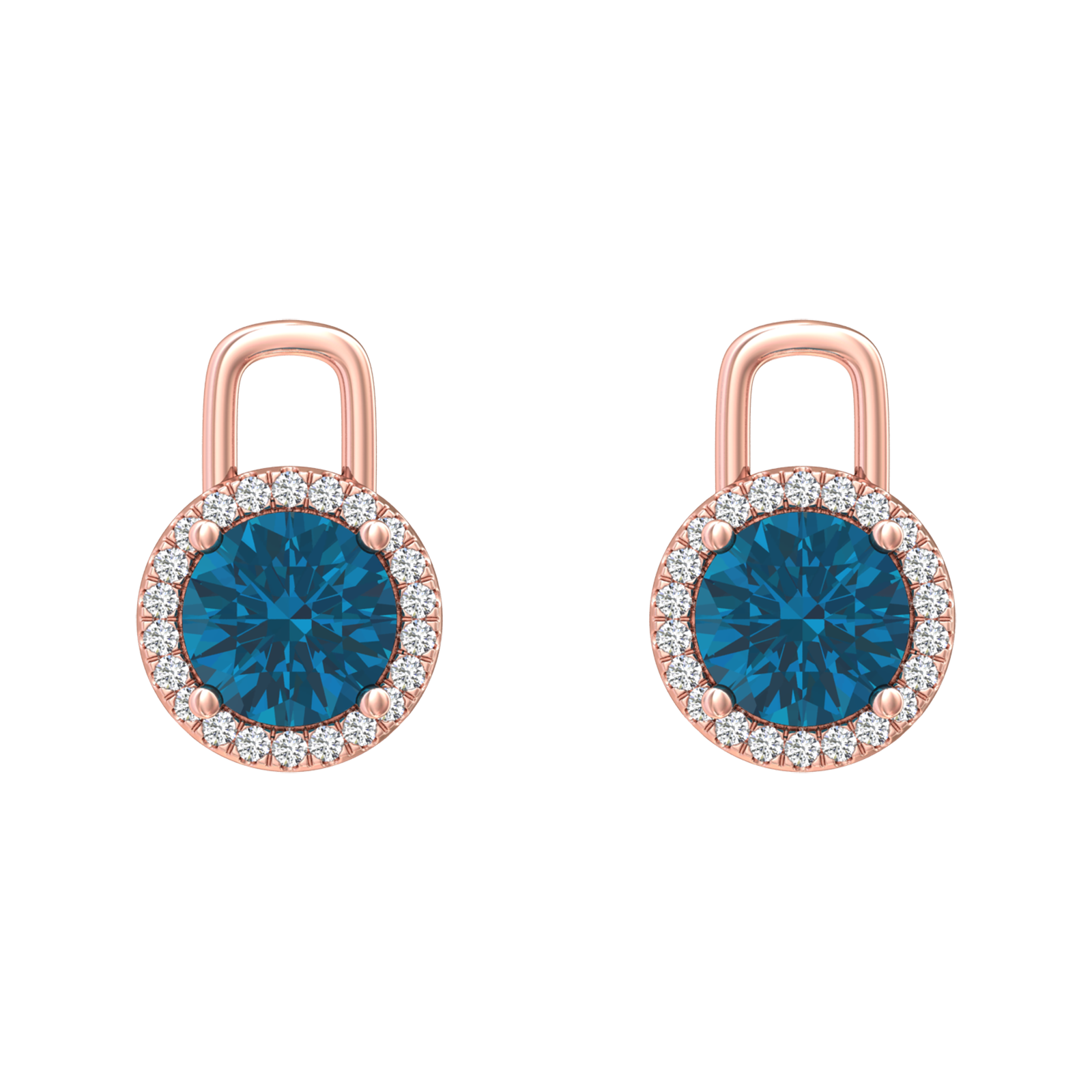 Nova diamond set earrings attachments set with a round London Blue Topaz Gardiner Brothers Rose Gold