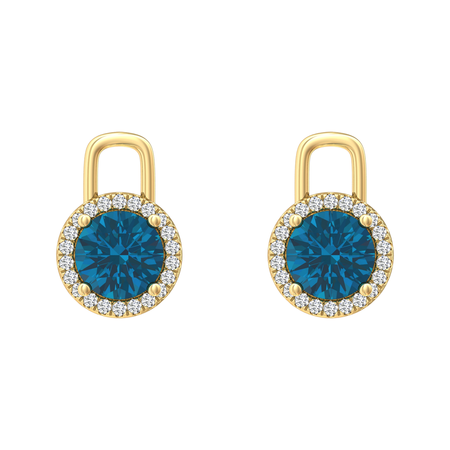 Nova diamond set earrings attachments set with a round London Blue Topaz Gardiner Brothers Yellow Gold