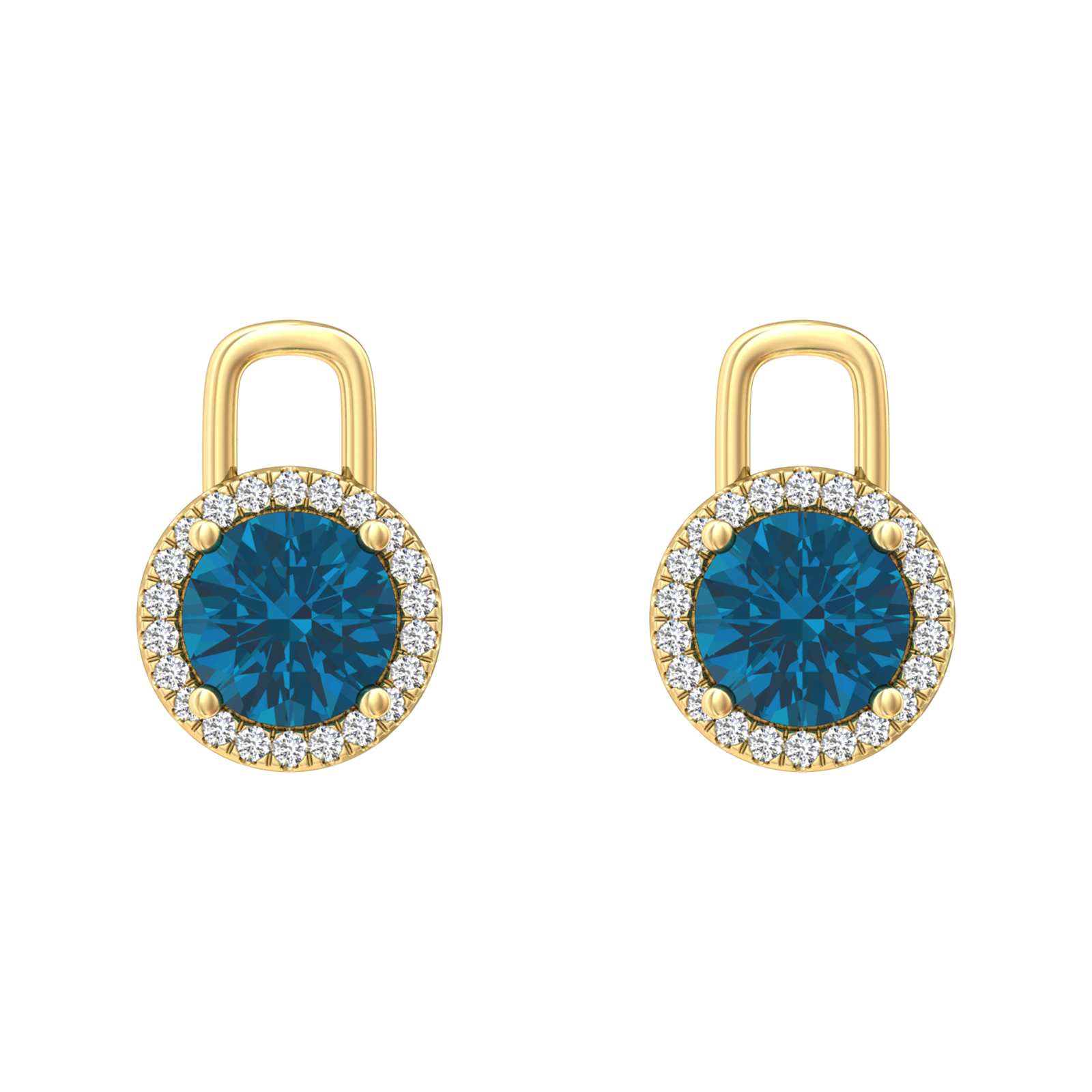 Nova diamond set earrings attachments set with a round London Blue Topaz Gardiner Brothers Yellow Gold