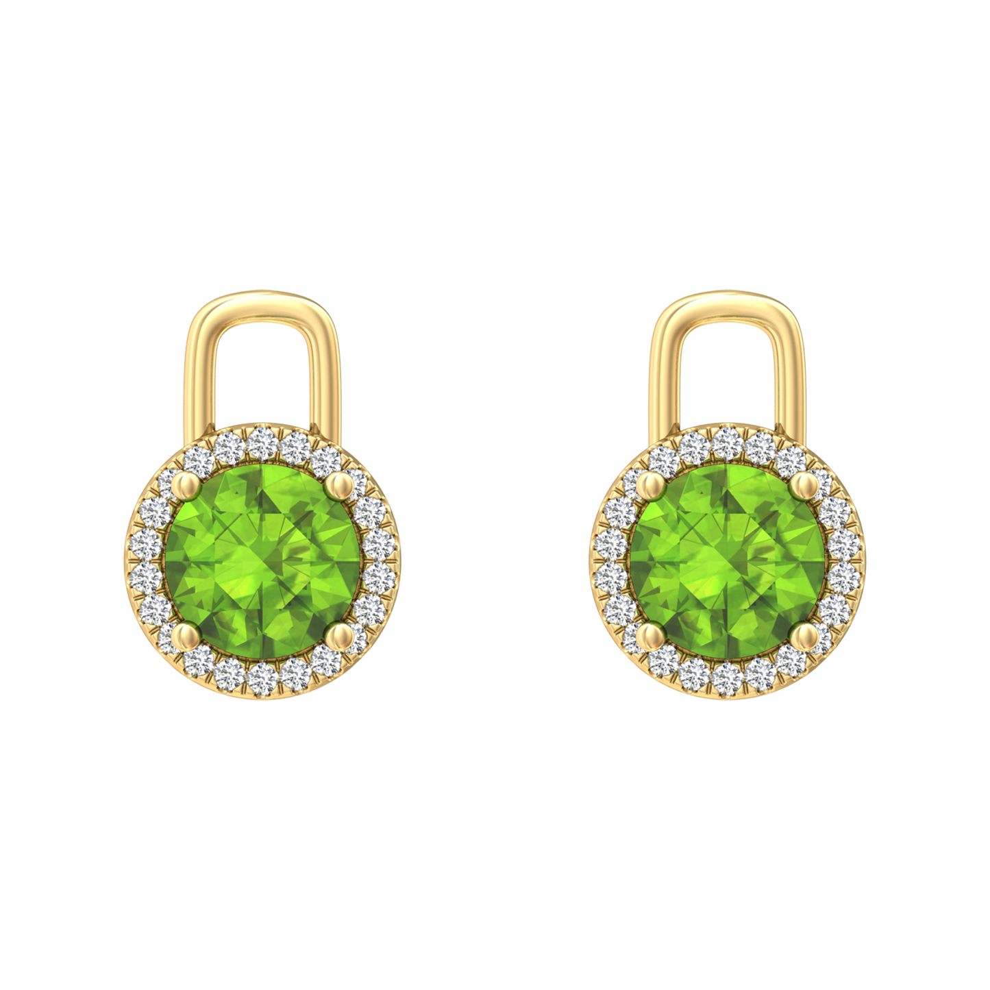 Nova diamond set earrings attachments set with a round Peridot Gardiner Brothers Yellow Gold