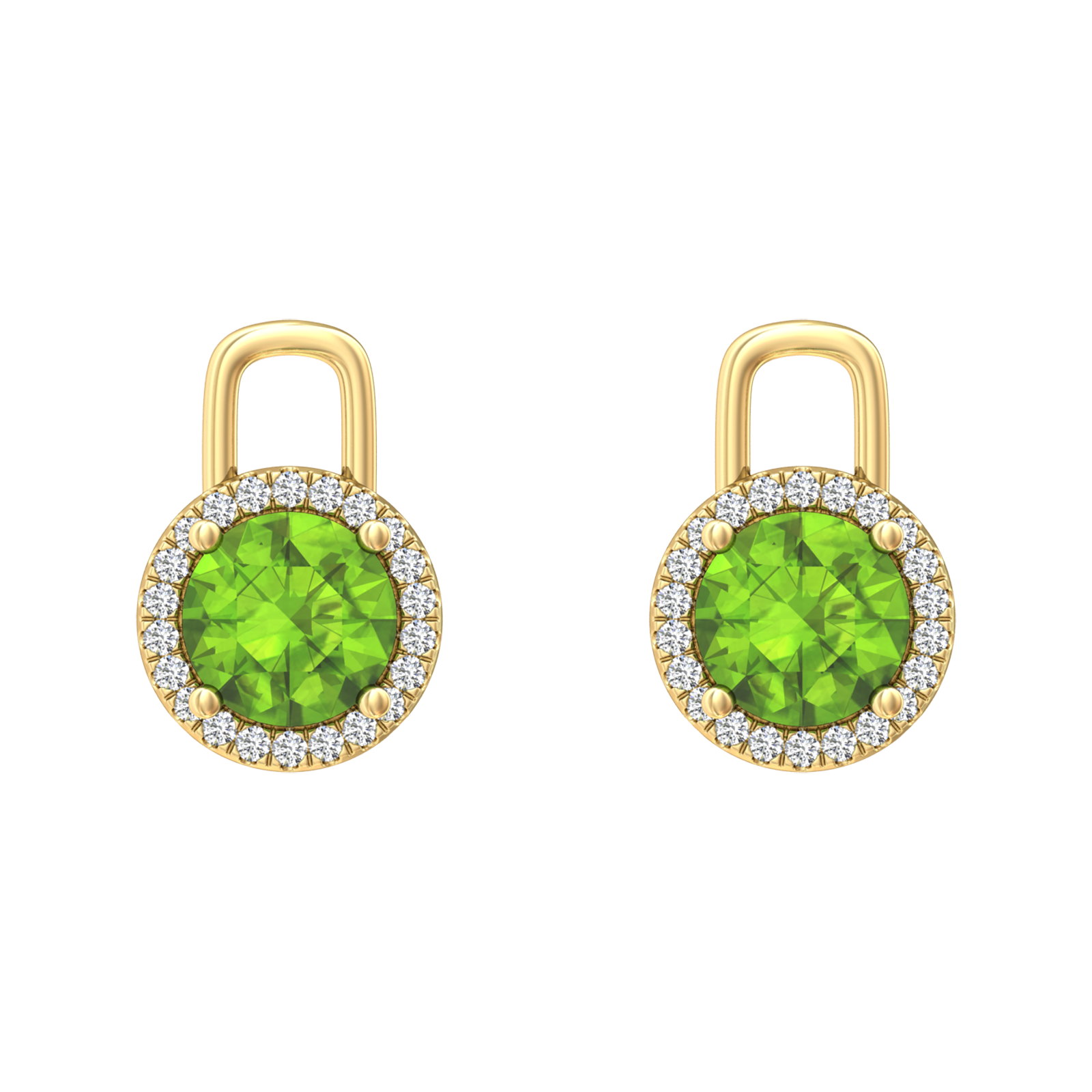 Nova diamond set earrings attachments set with a round Peridot Gardiner Brothers Yellow Gold