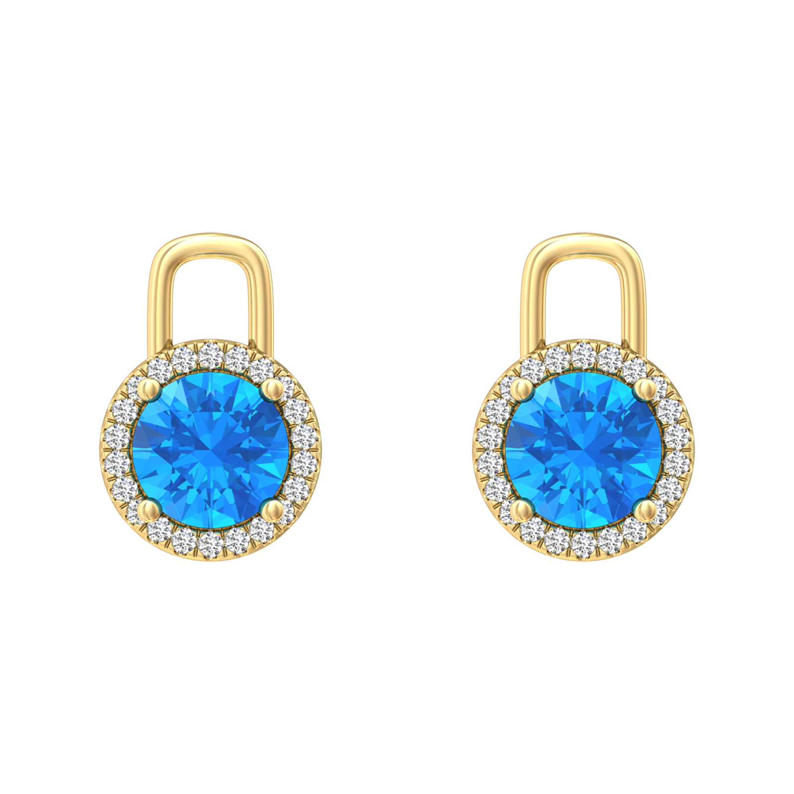 Nova diamond set earrings attachments set with a round Swiss Blue Topaz Gardiner Brothers Yellow Gold