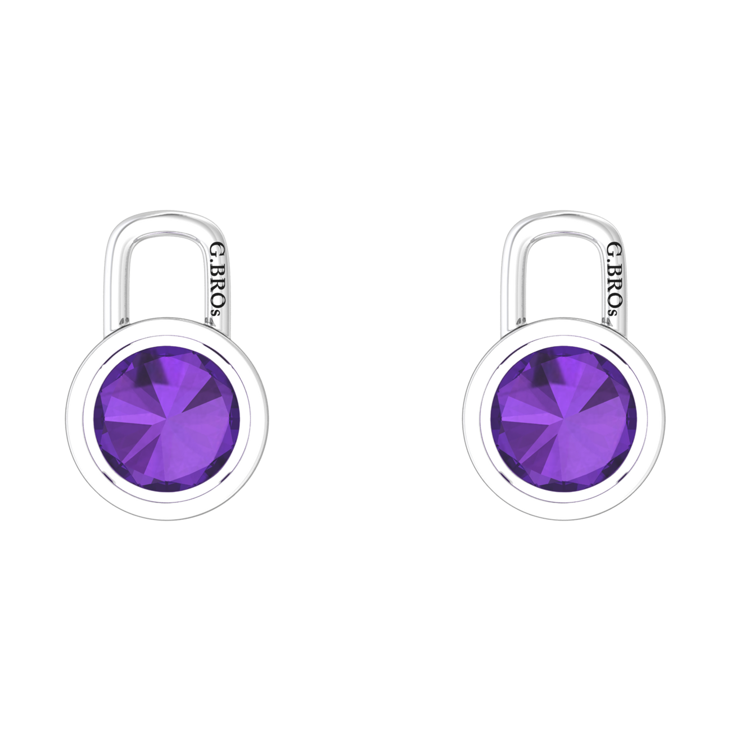 Nova earring attachments in a plain bezel setting with round Amethyst Gardiner Brothers