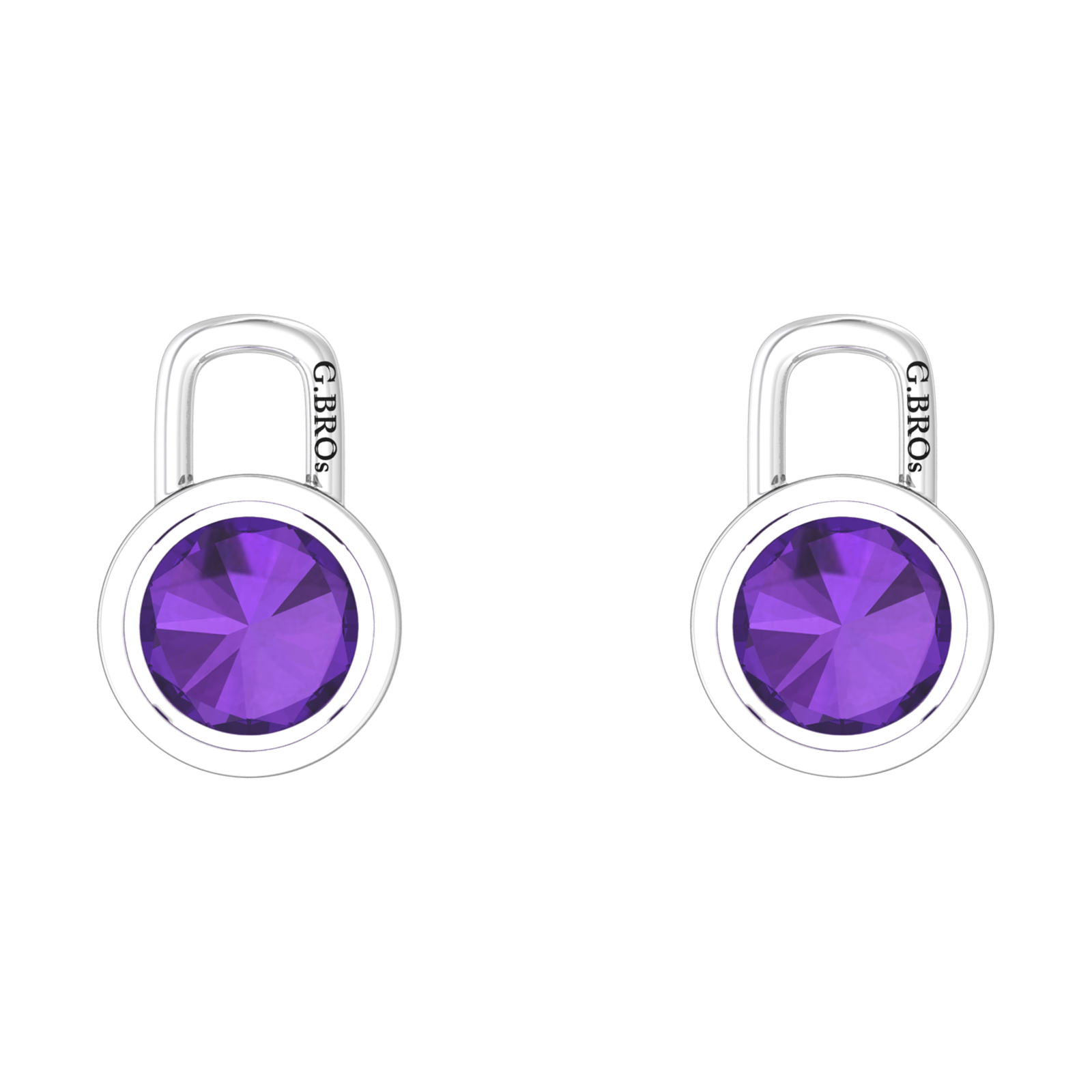 Nova earring attachments in a plain bezel setting with round Amethyst Gardiner Brothers