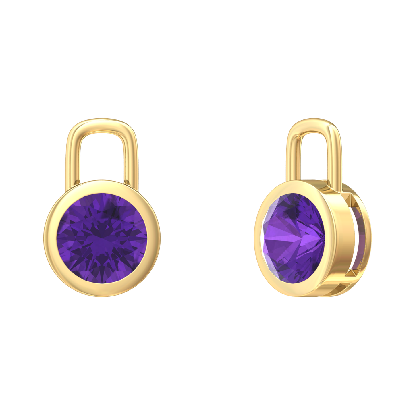 Nova earring attachments in a plain bezel setting with round Amethyst Gardiner Brothers Yellow Gold