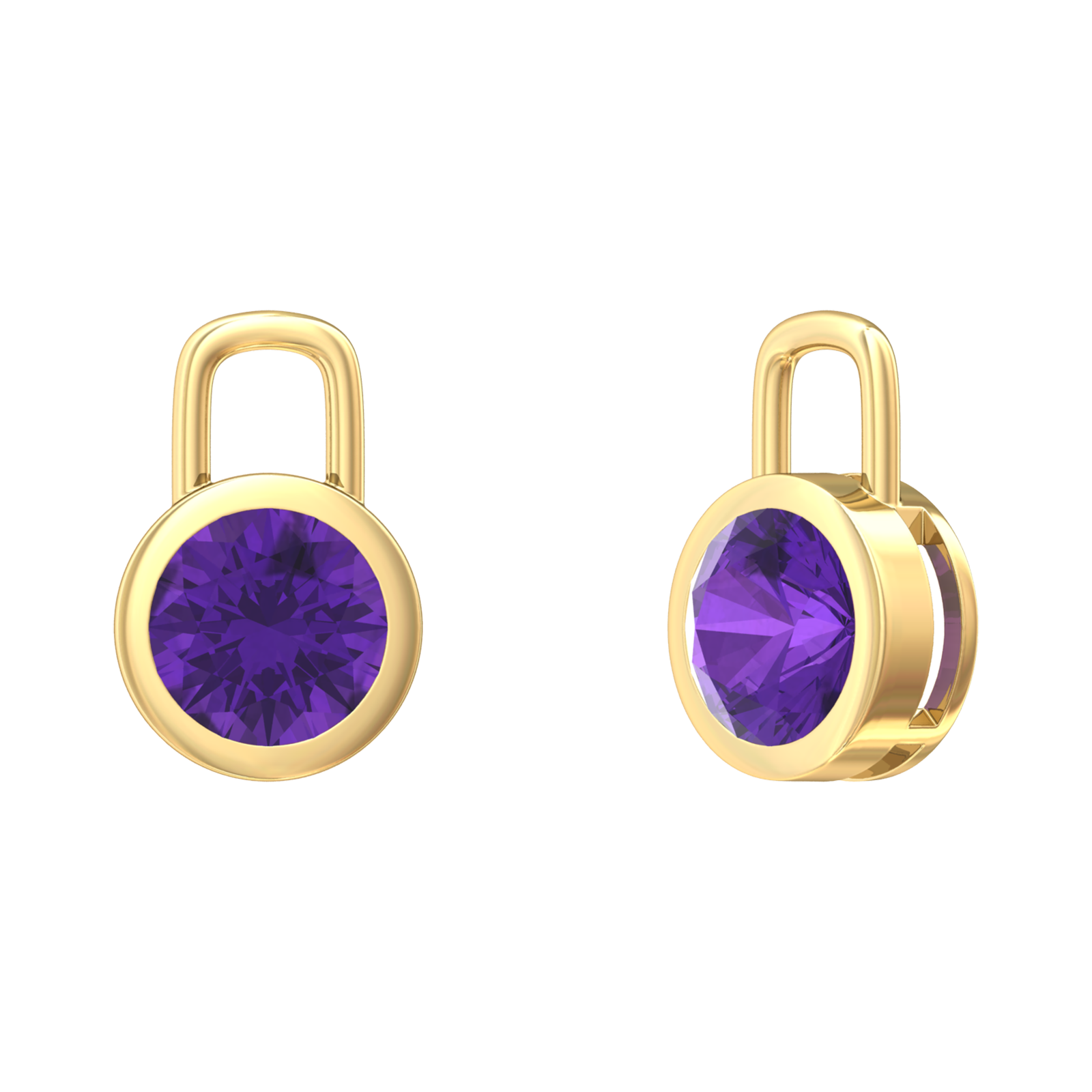 Nova earring attachments in a plain bezel setting with round Amethyst Gardiner Brothers Yellow Gold