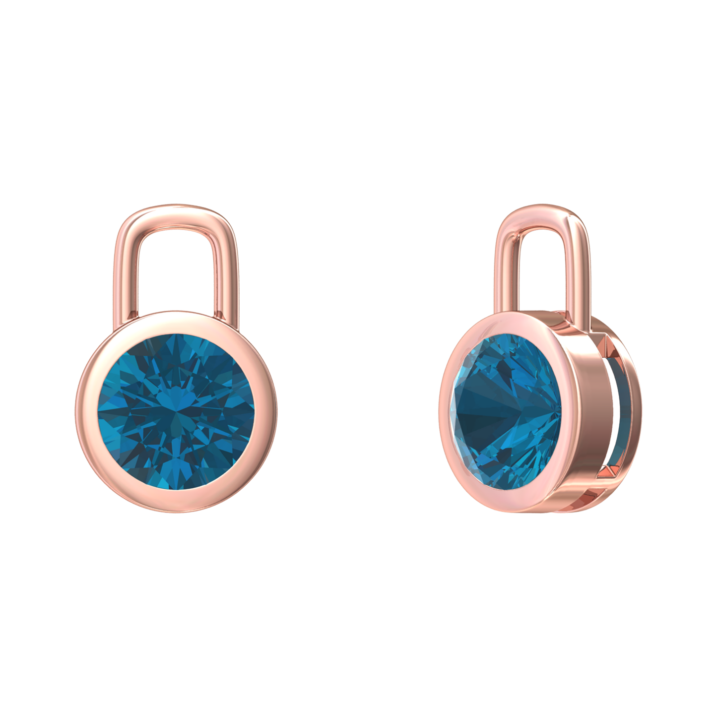 Nova earring attachments in a plain bezel setting with round London Blue Topaz Gardiner Brothers Rose Gold