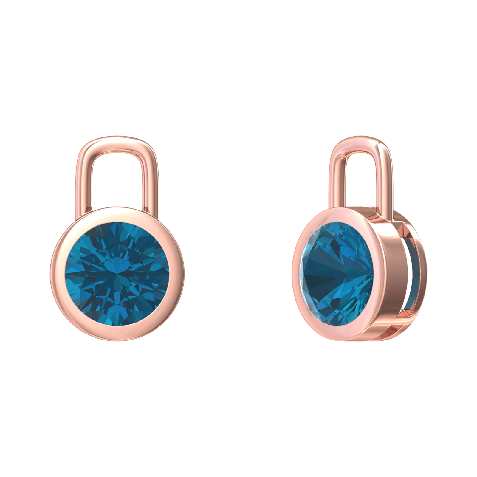 Nova earring attachments in a plain bezel setting with round London Blue Topaz Gardiner Brothers Rose Gold