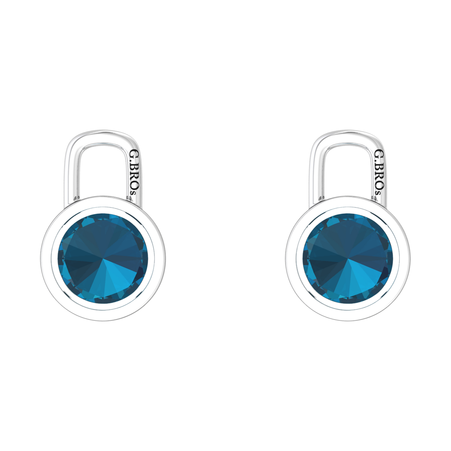 Nova earring attachments in a plain bezel setting with round London Blue Topaz Gardiner Brothers
