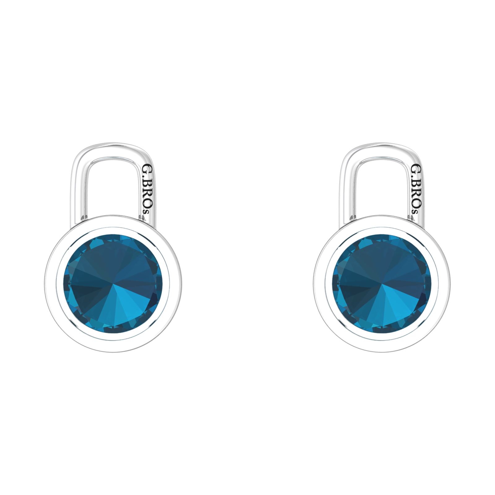Nova earring attachments in a plain bezel setting with round London Blue Topaz Gardiner Brothers