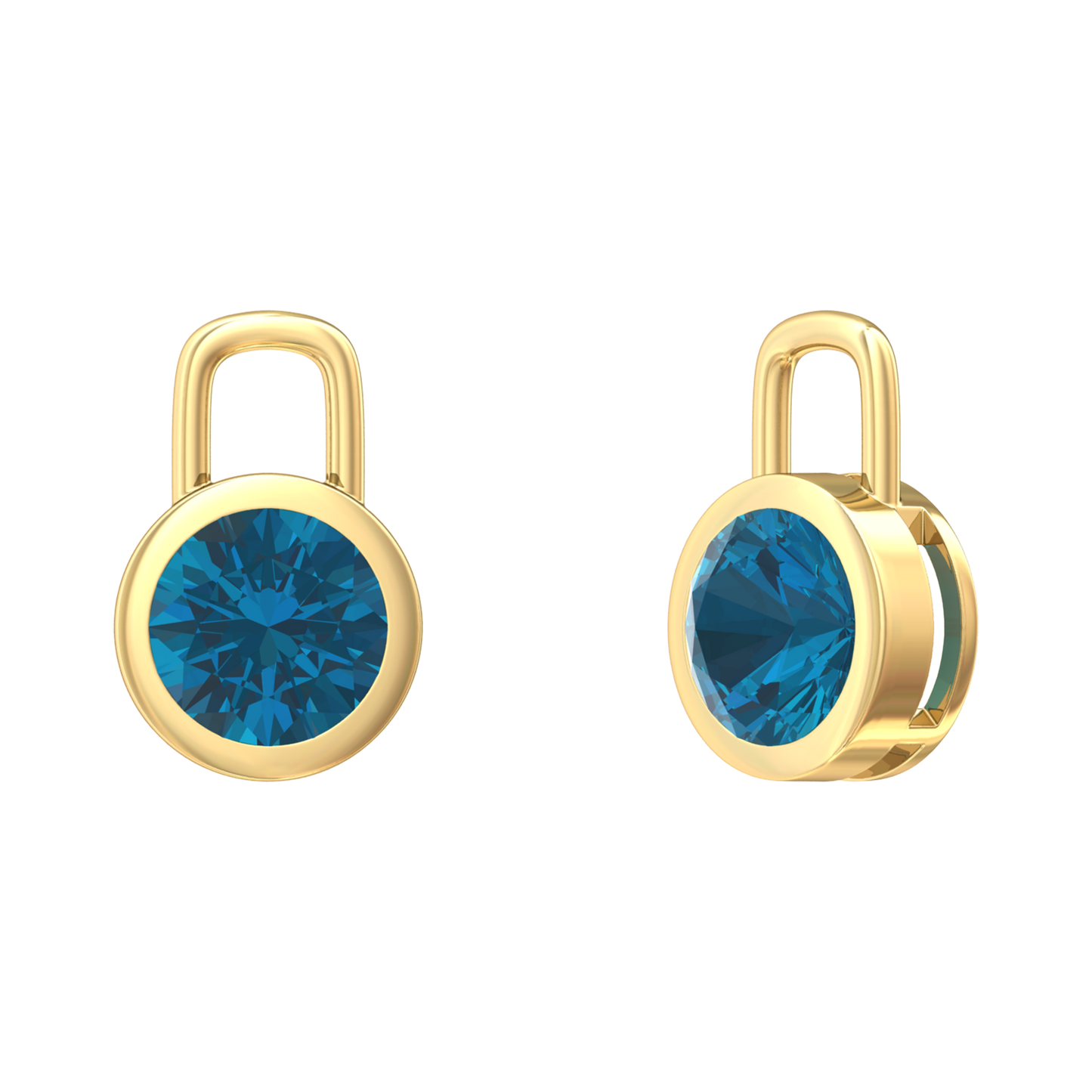 Nova earring attachments in a plain bezel setting with round London Blue Topaz Gardiner Brothers Yellow Gold