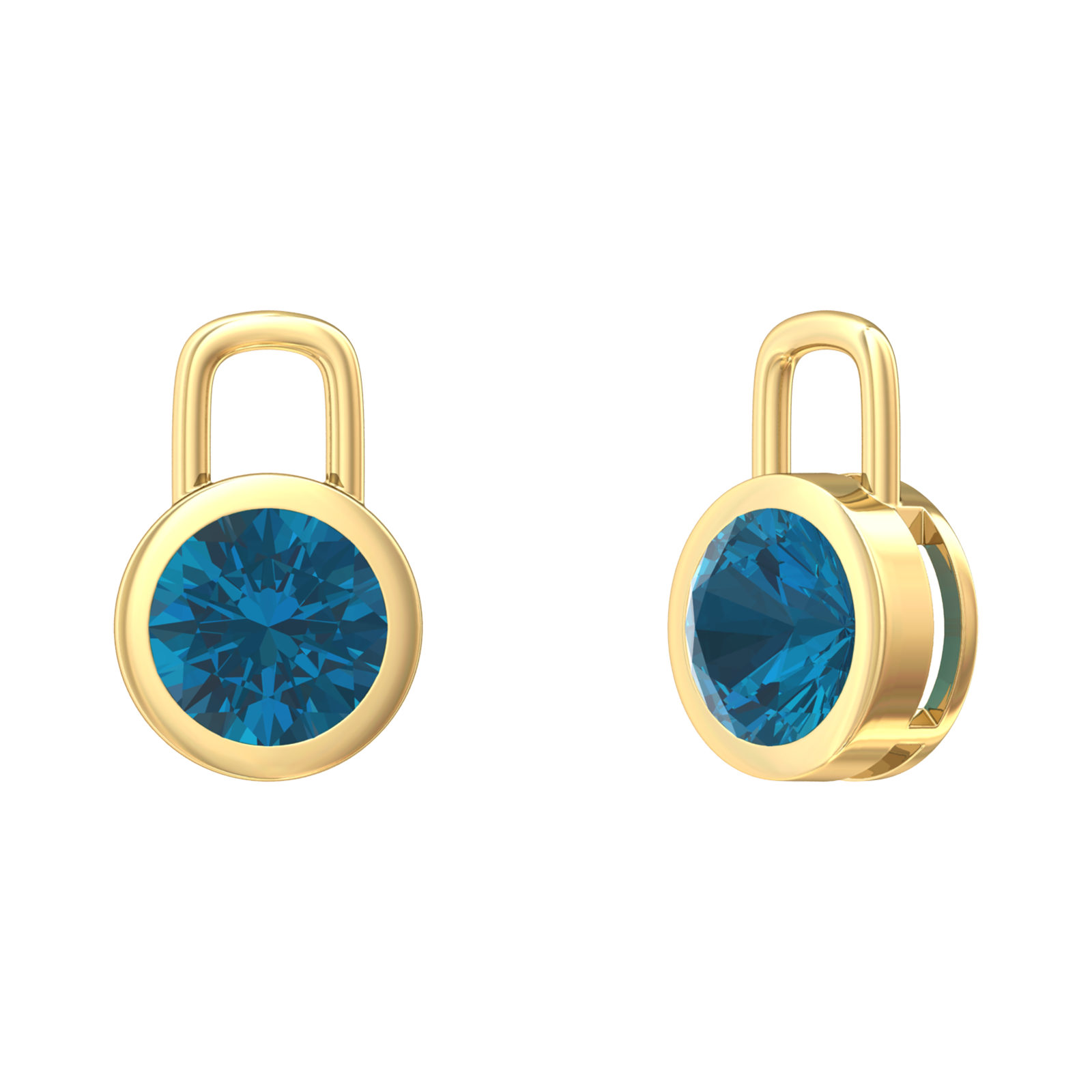 Nova earring attachments in a plain bezel setting with round London Blue Topaz Gardiner Brothers Yellow Gold