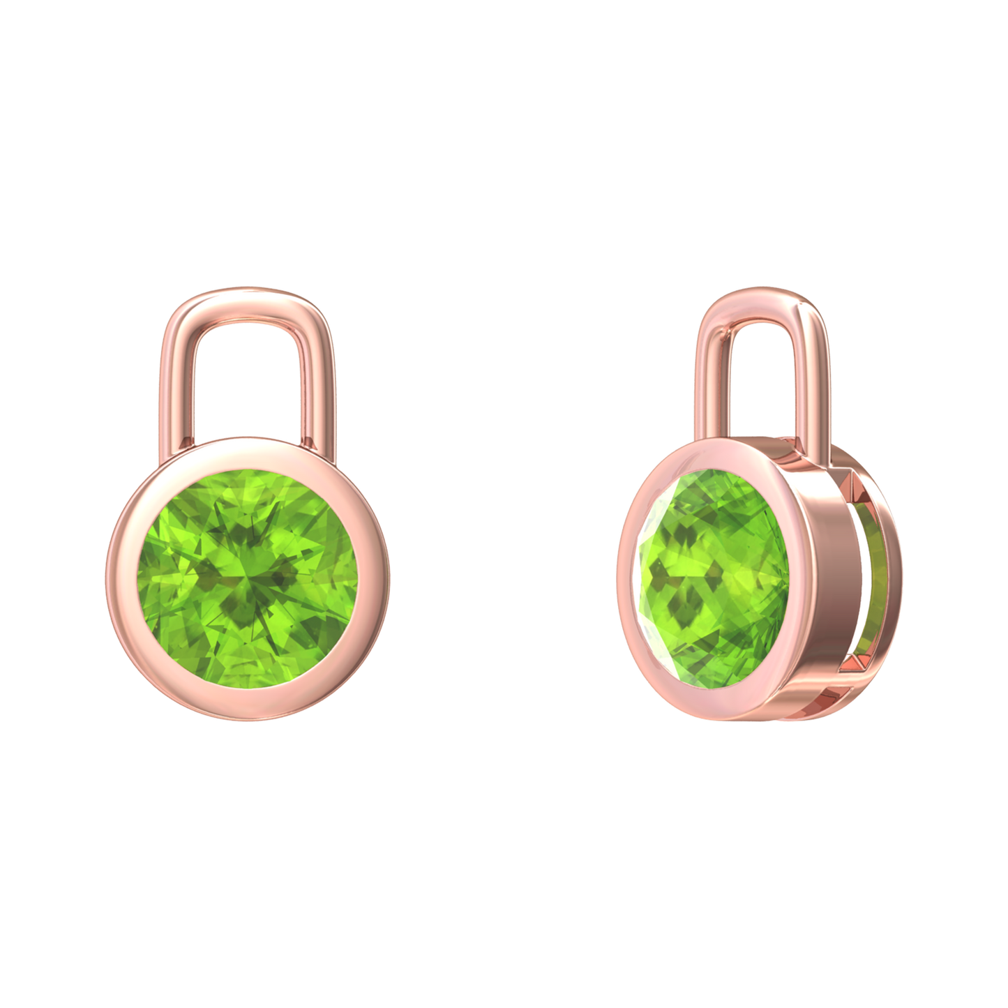 Nova earring attachments in a plain bezel setting with round Peridot Gardiner Brothers