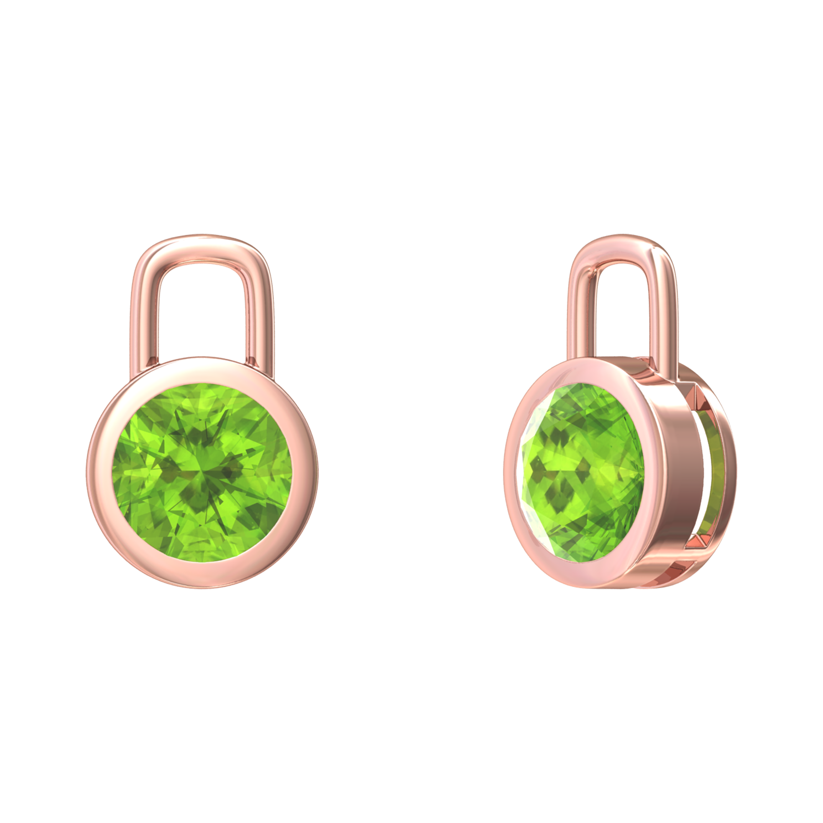 Nova earring attachments in a plain bezel setting with round Peridot Gardiner Brothers