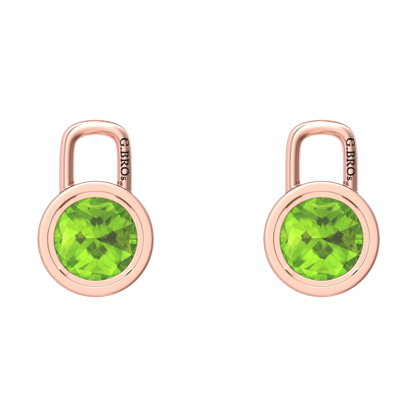 Nova earring attachments in a plain bezel setting with round Peridot Gardiner Brothers