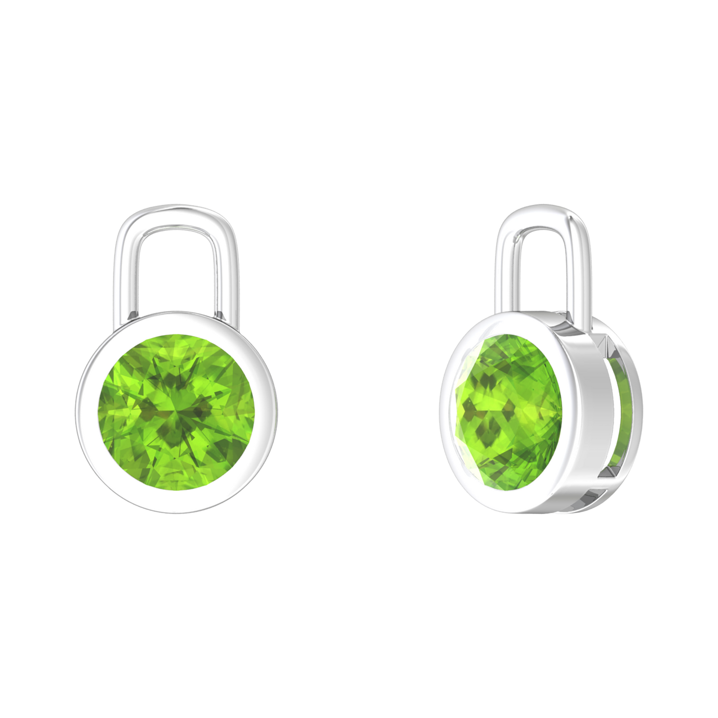 Nova earring attachments in a plain bezel setting with round Peridot Gardiner Brothers