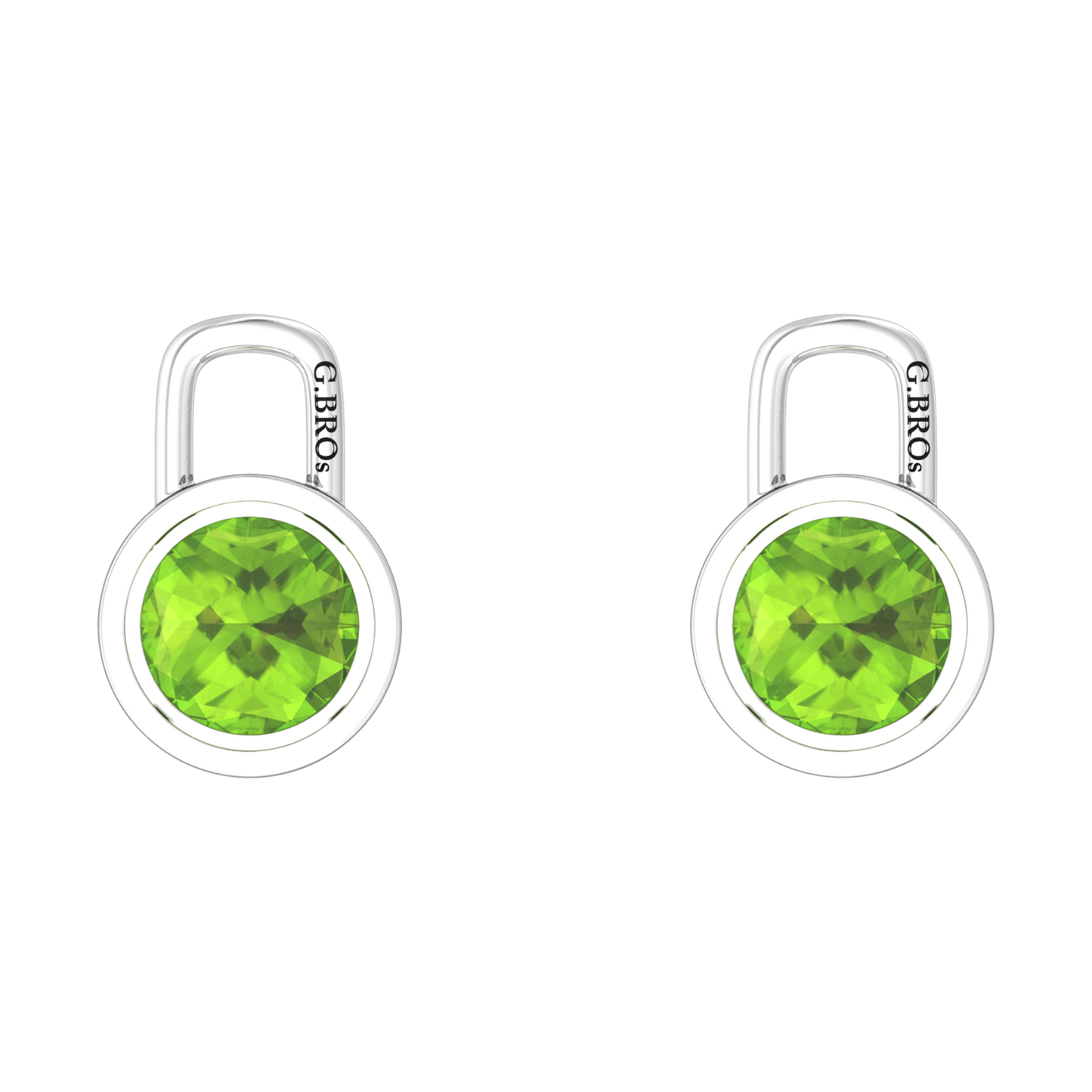 Nova earring attachments in a plain bezel setting with round Peridot Gardiner Brothers