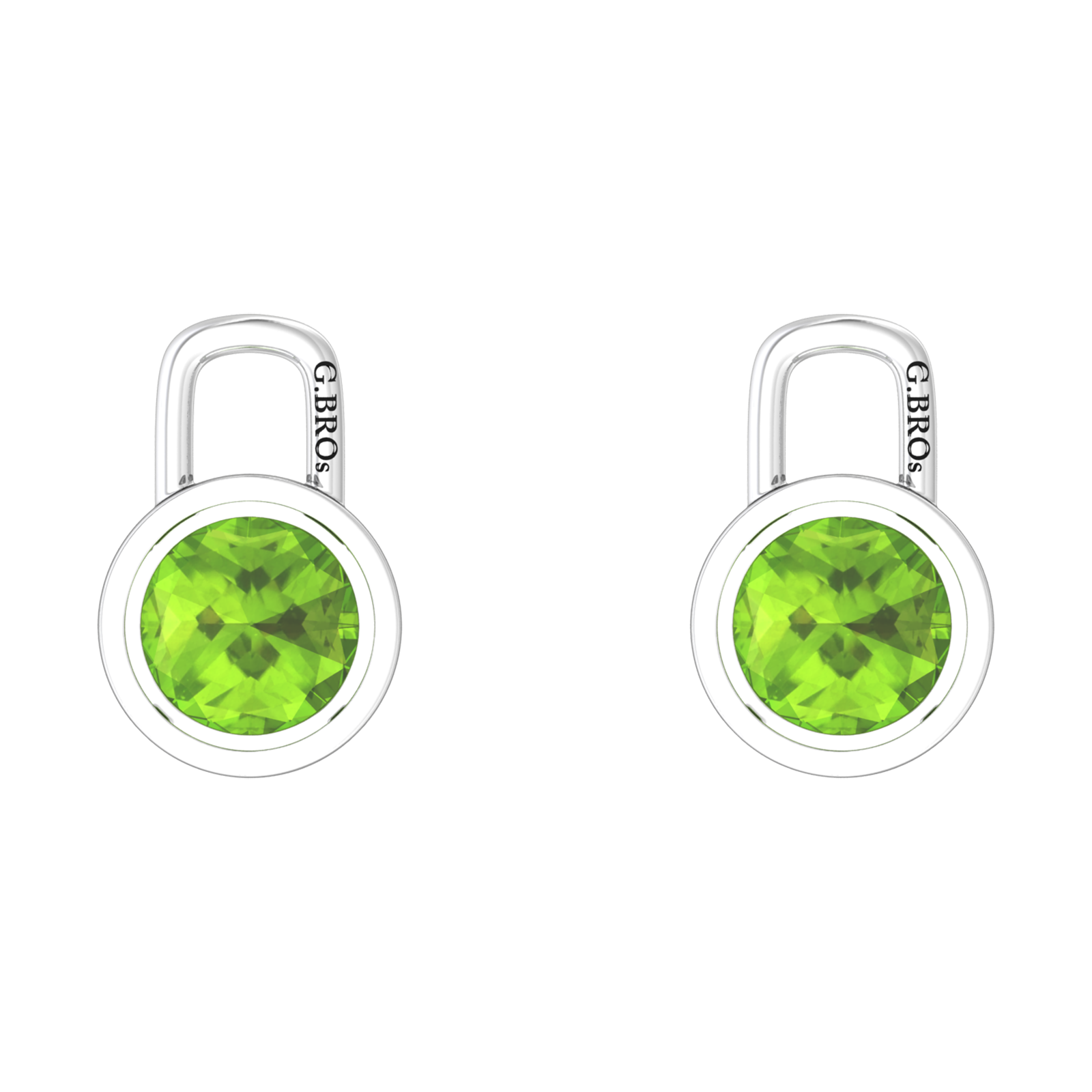 Nova earring attachments in a plain bezel setting with round Peridot Gardiner Brothers