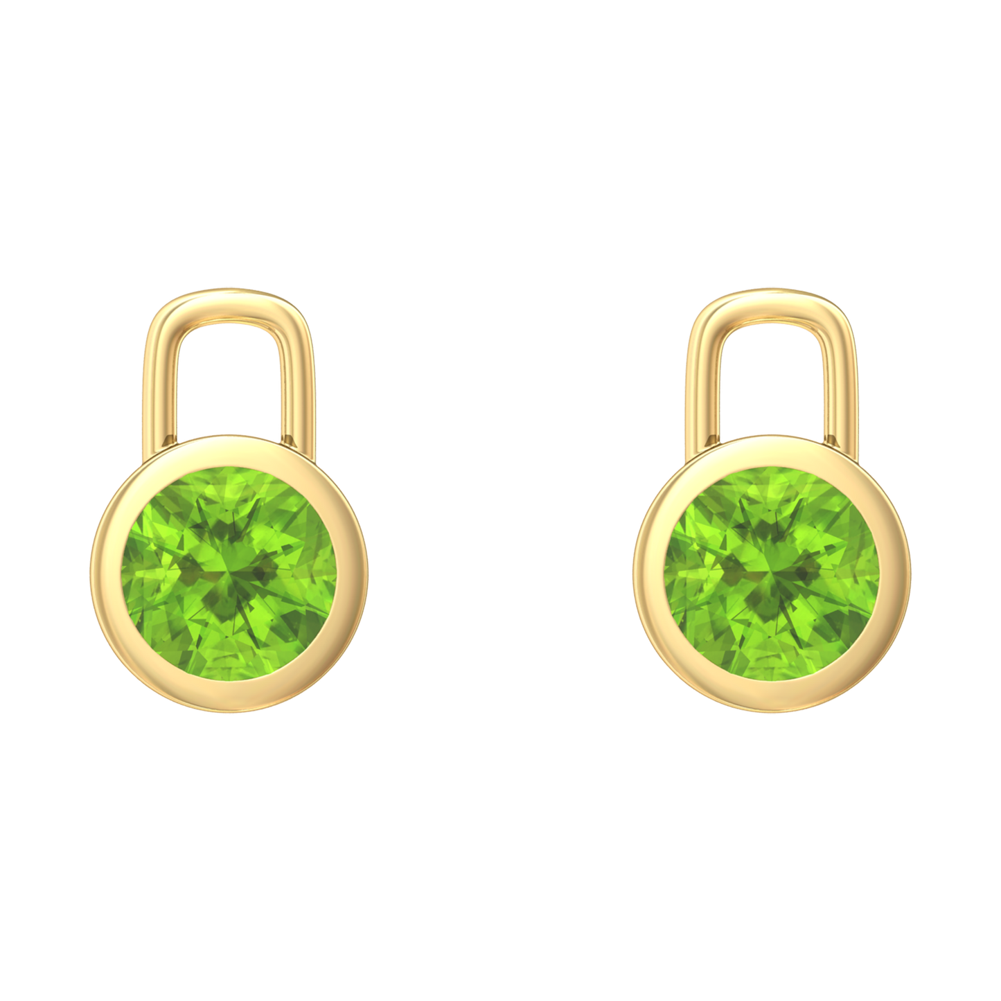 Nova earring attachments in a plain bezel setting with round Peridot Gardiner Brothers Yellow Gold