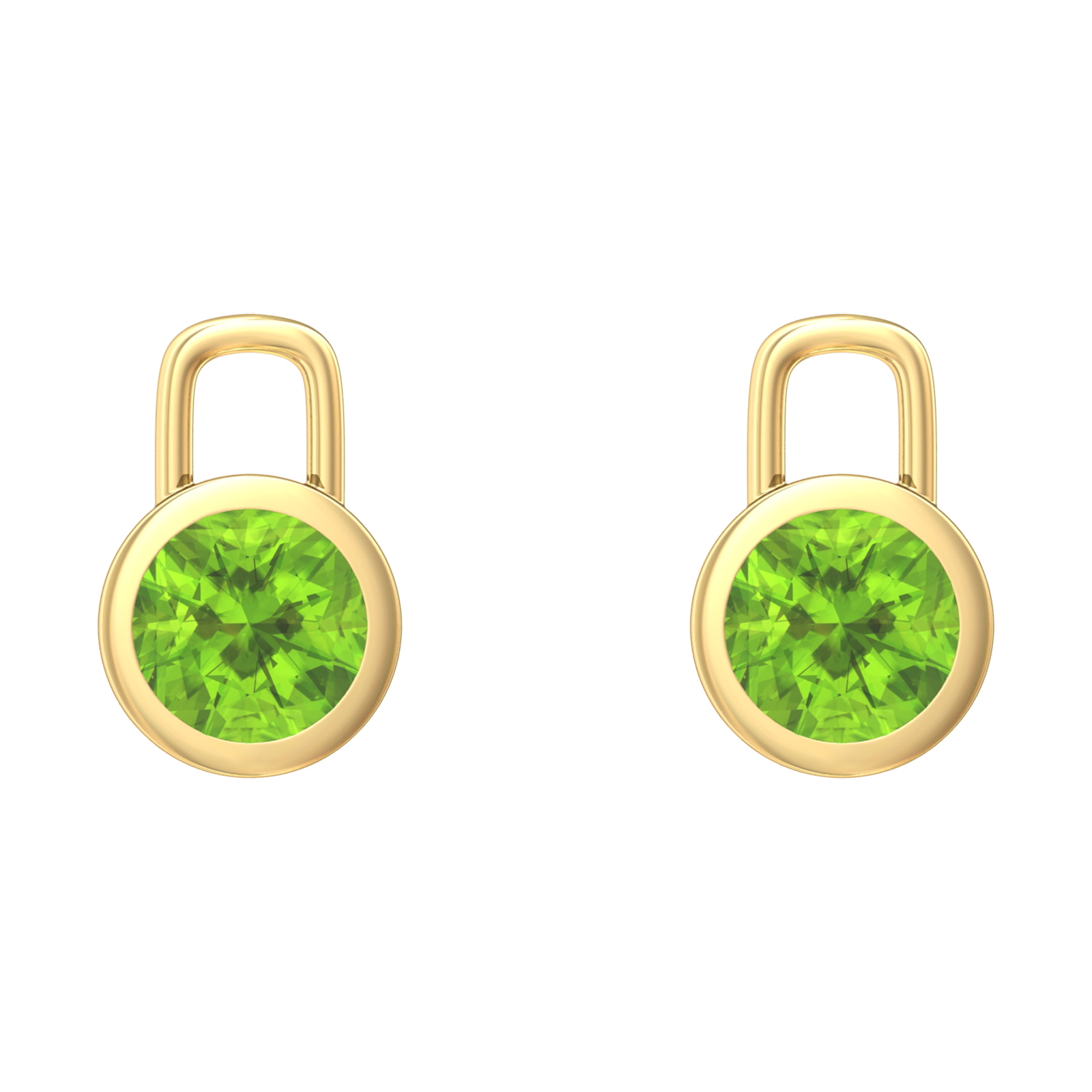 Nova earring attachments in a plain bezel setting with round Peridot Gardiner Brothers Yellow Gold