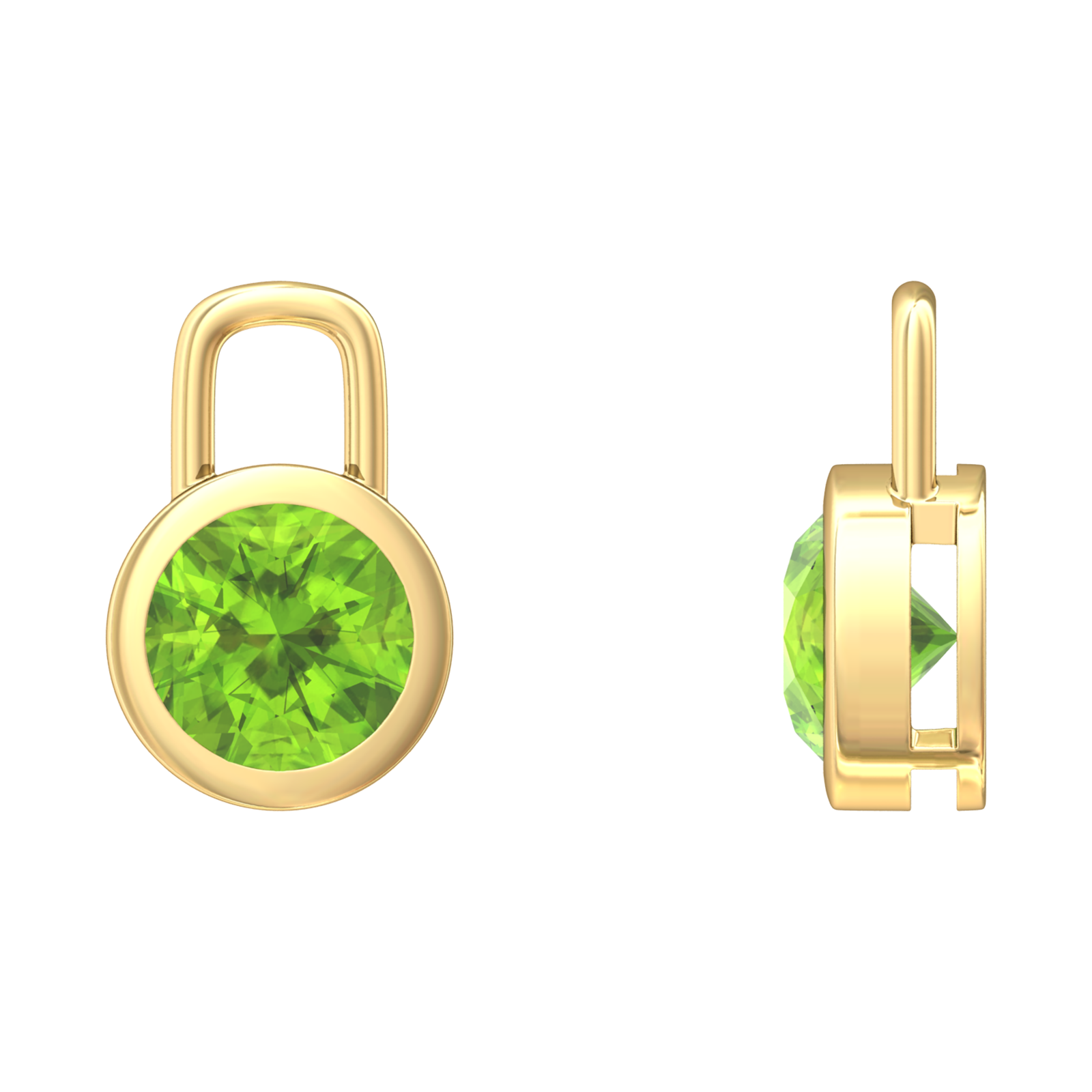 Nova earring attachments in a plain bezel setting with round Peridot Gardiner Brothers