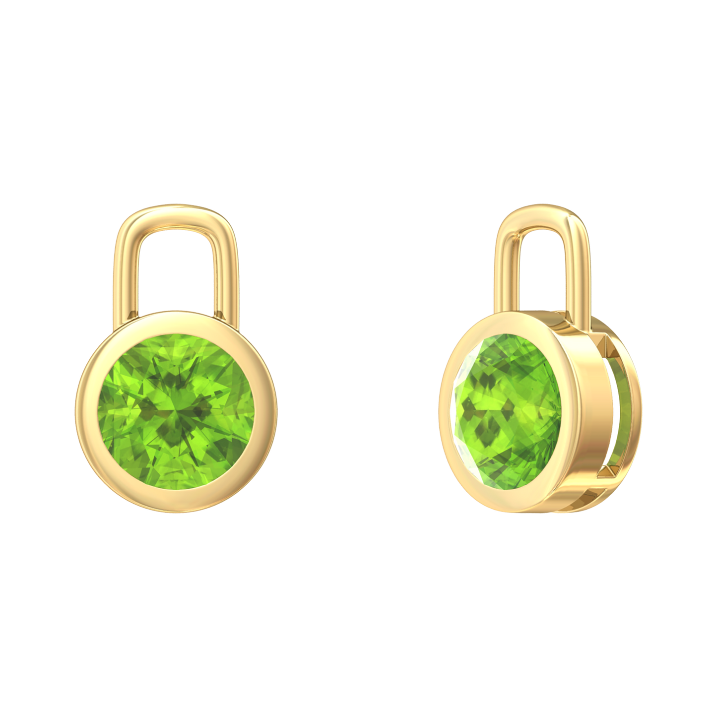 Nova earring attachments in a plain bezel setting with round Peridot Gardiner Brothers