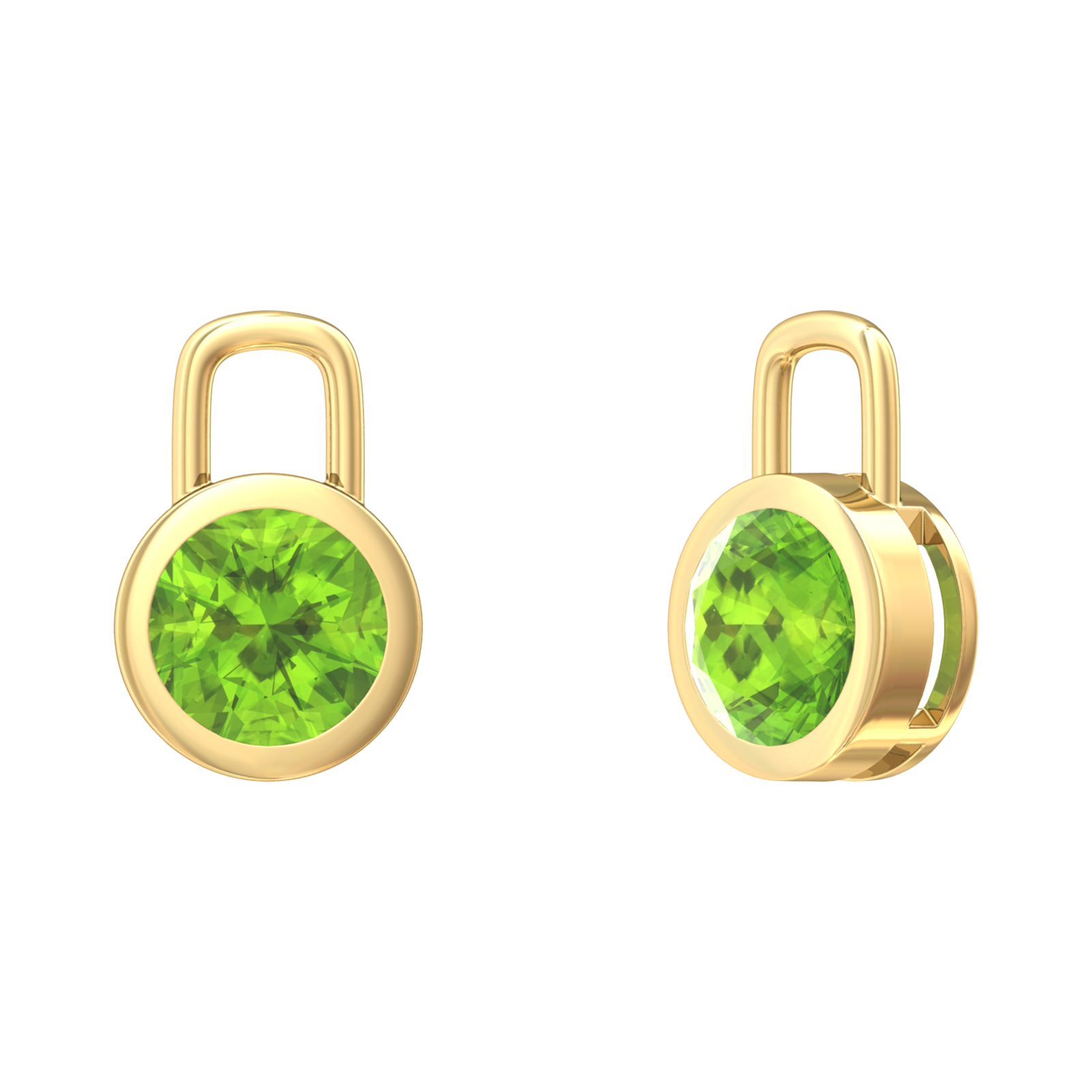 Nova earring attachments in a plain bezel setting with round Peridot Gardiner Brothers