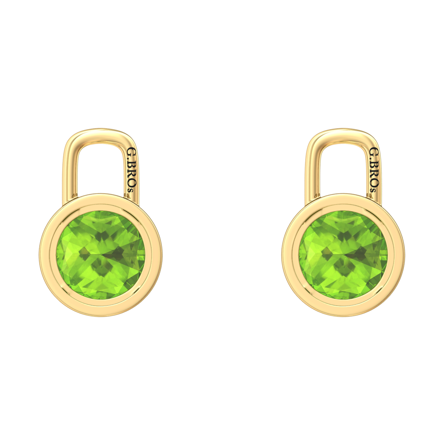 Nova earring attachments in a plain bezel setting with round Peridot Gardiner Brothers