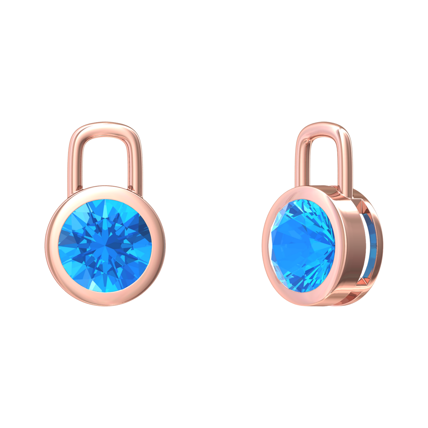Nova earring attachments in a plain bezel setting with round Swiss Blue Topaz Gardiner Brothers Rose Gold