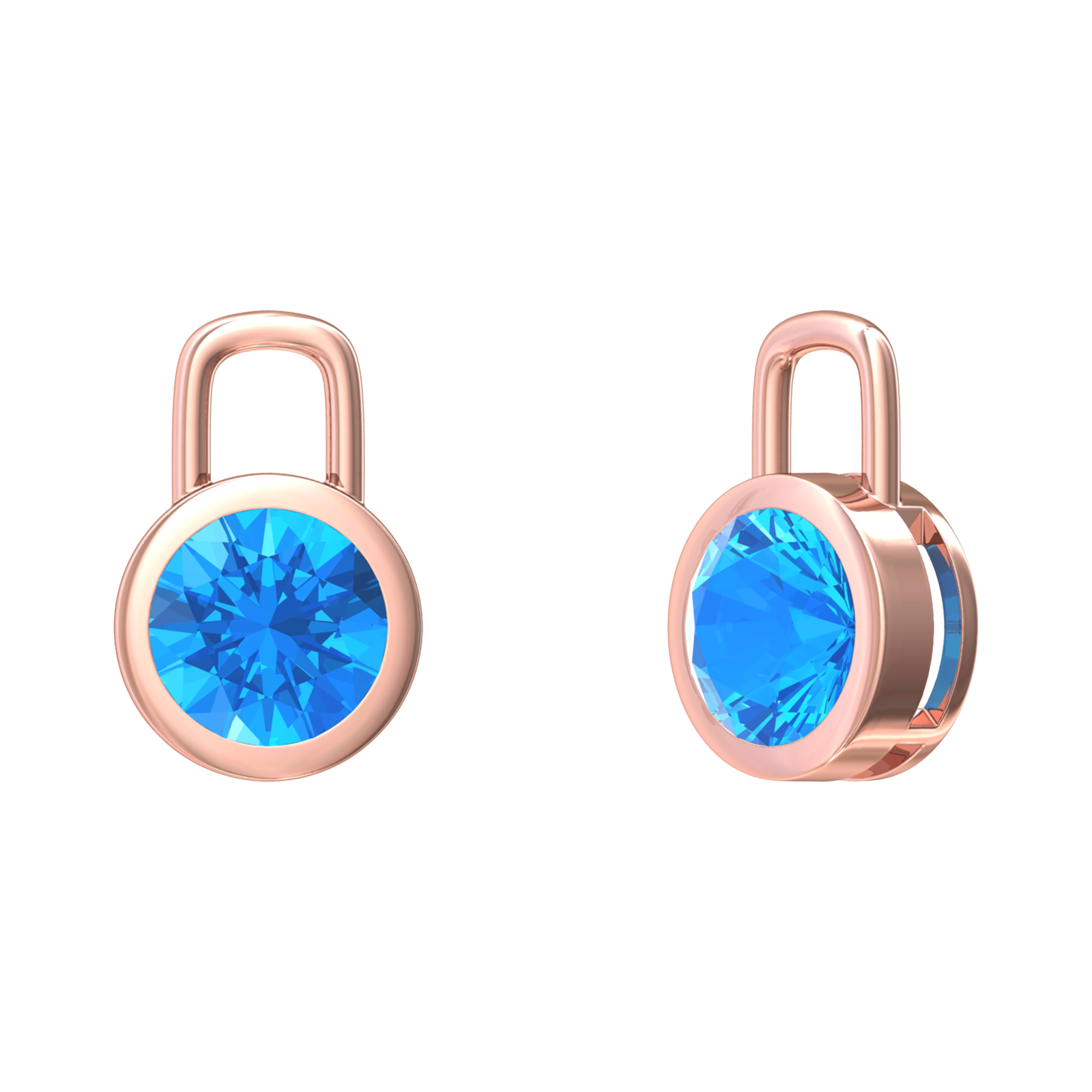 Nova earring attachments in a plain bezel setting with round Swiss Blue Topaz Gardiner Brothers Rose Gold