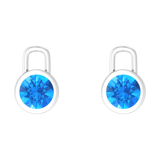 Nova earring attachments in a plain bezel setting with round Swiss Blue Topaz Gardiner Brothers