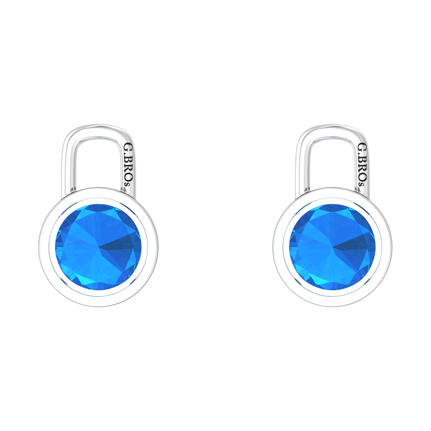 Nova earring attachments in a plain bezel setting with round Swiss Blue Topaz Gardiner Brothers