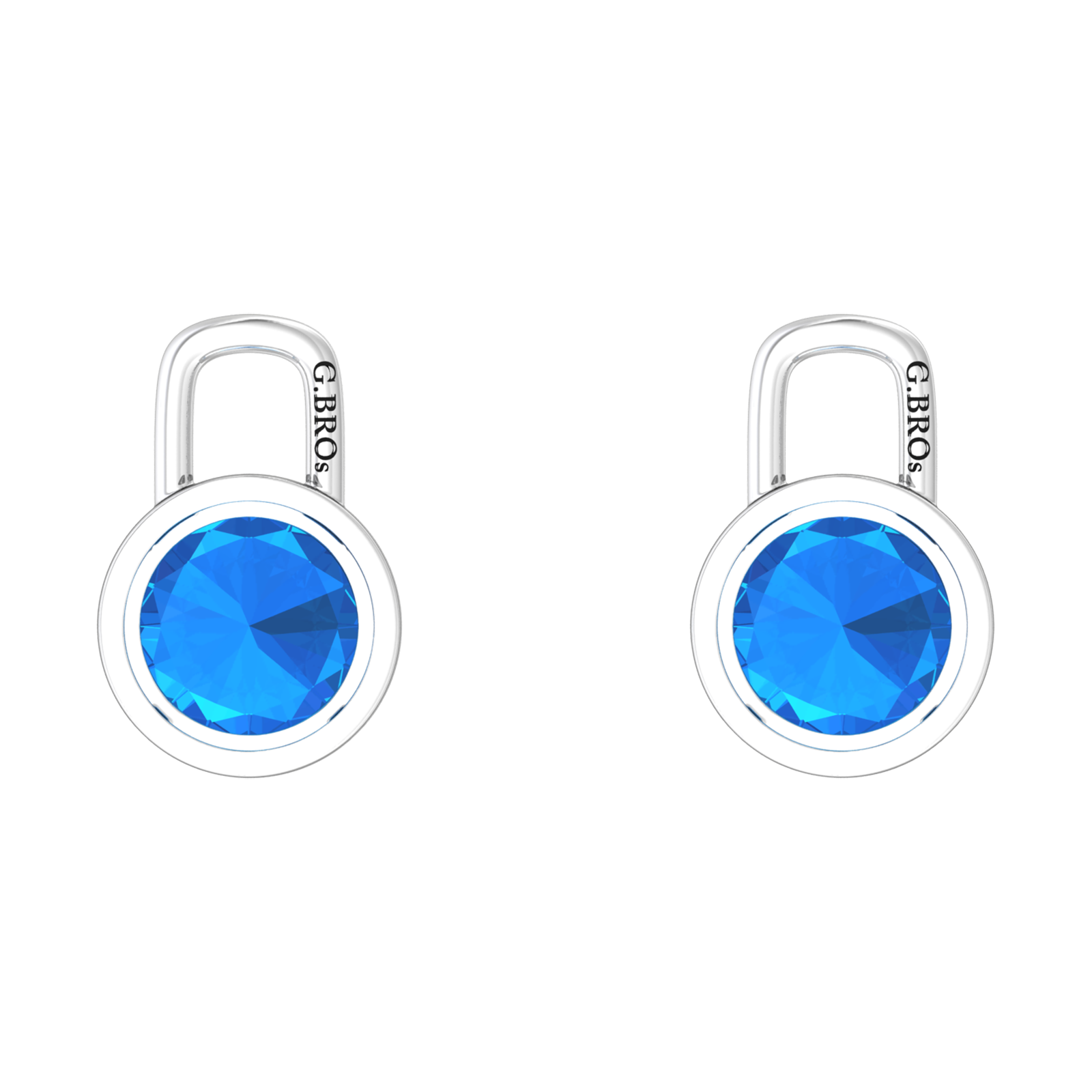 Nova earring attachments in a plain bezel setting with round Swiss Blue Topaz Gardiner Brothers