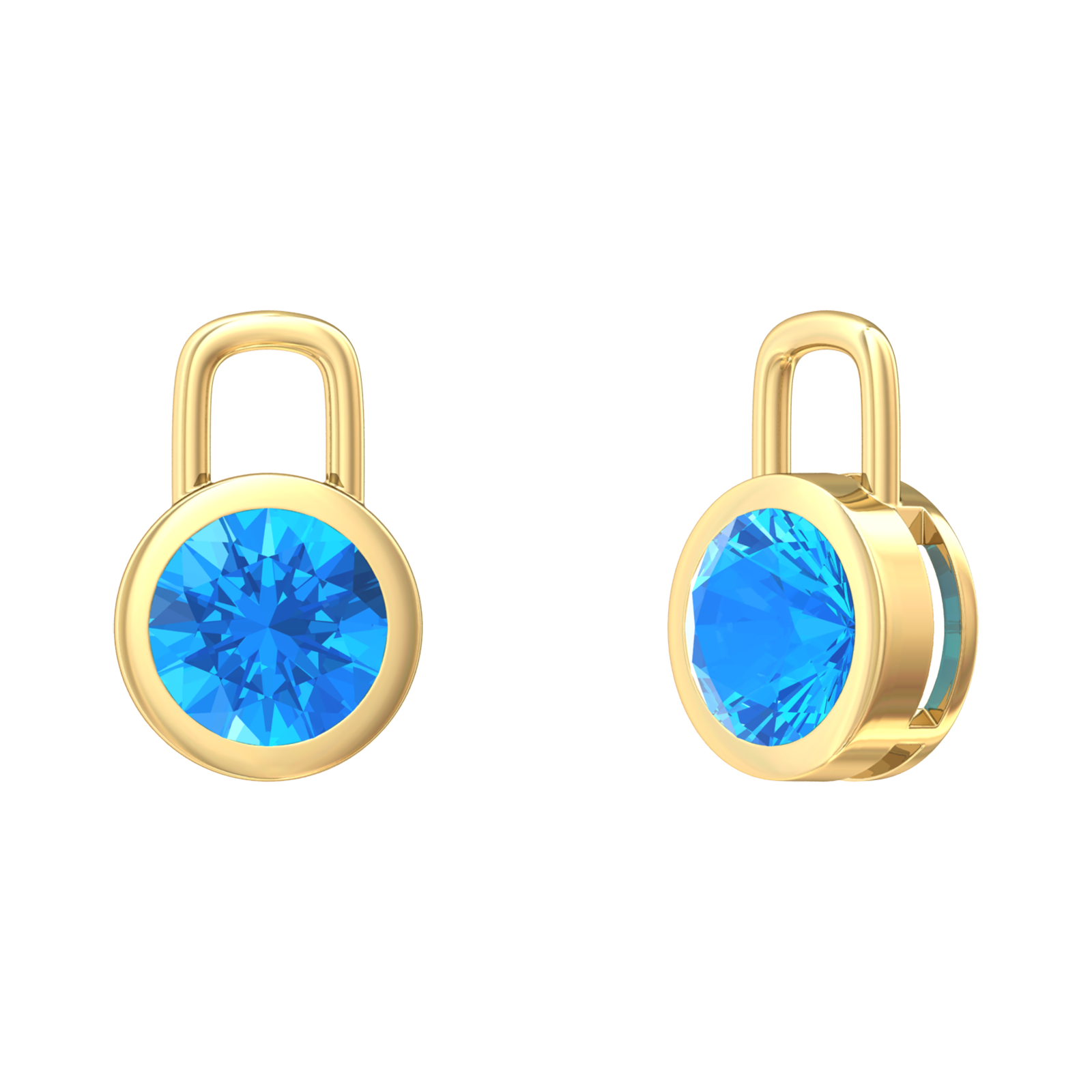 Nova earring attachments in a plain bezel setting with round Swiss Blue Topaz Gardiner Brothers Yellow Gold