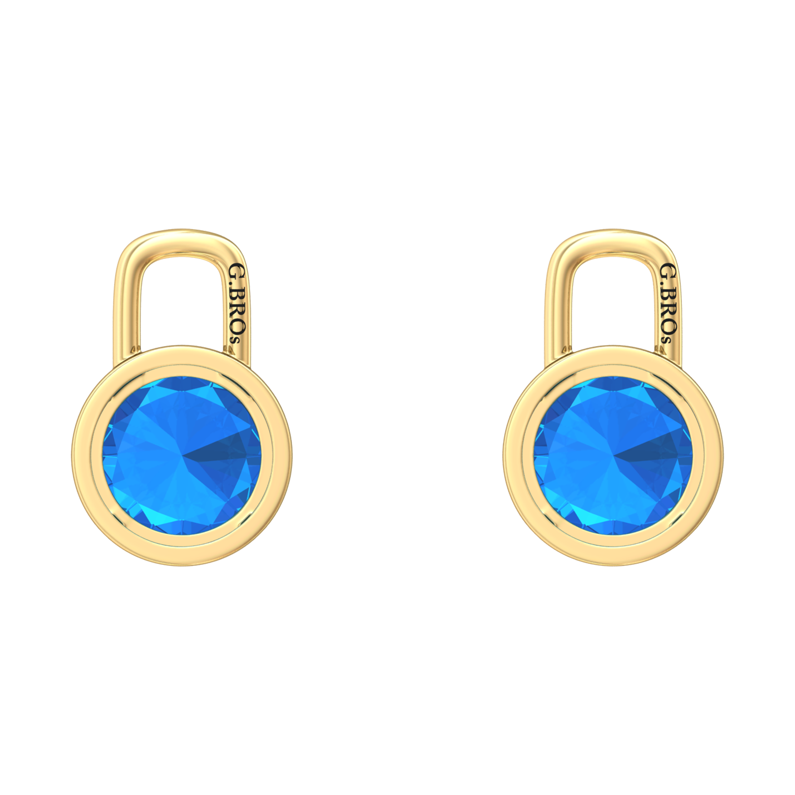 Nova earring attachments in a plain bezel setting with round Swiss Blue Topaz Gardiner Brothers