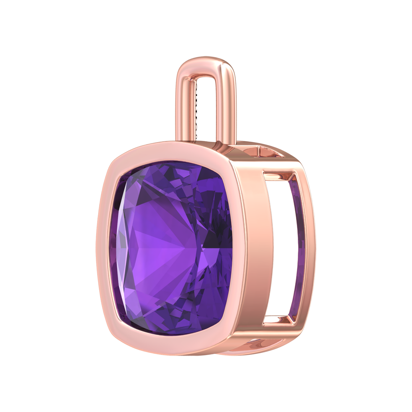 Nova pendant attachment in a plain bezel setting with cushion shaped Amethyst Gardiner Brothers