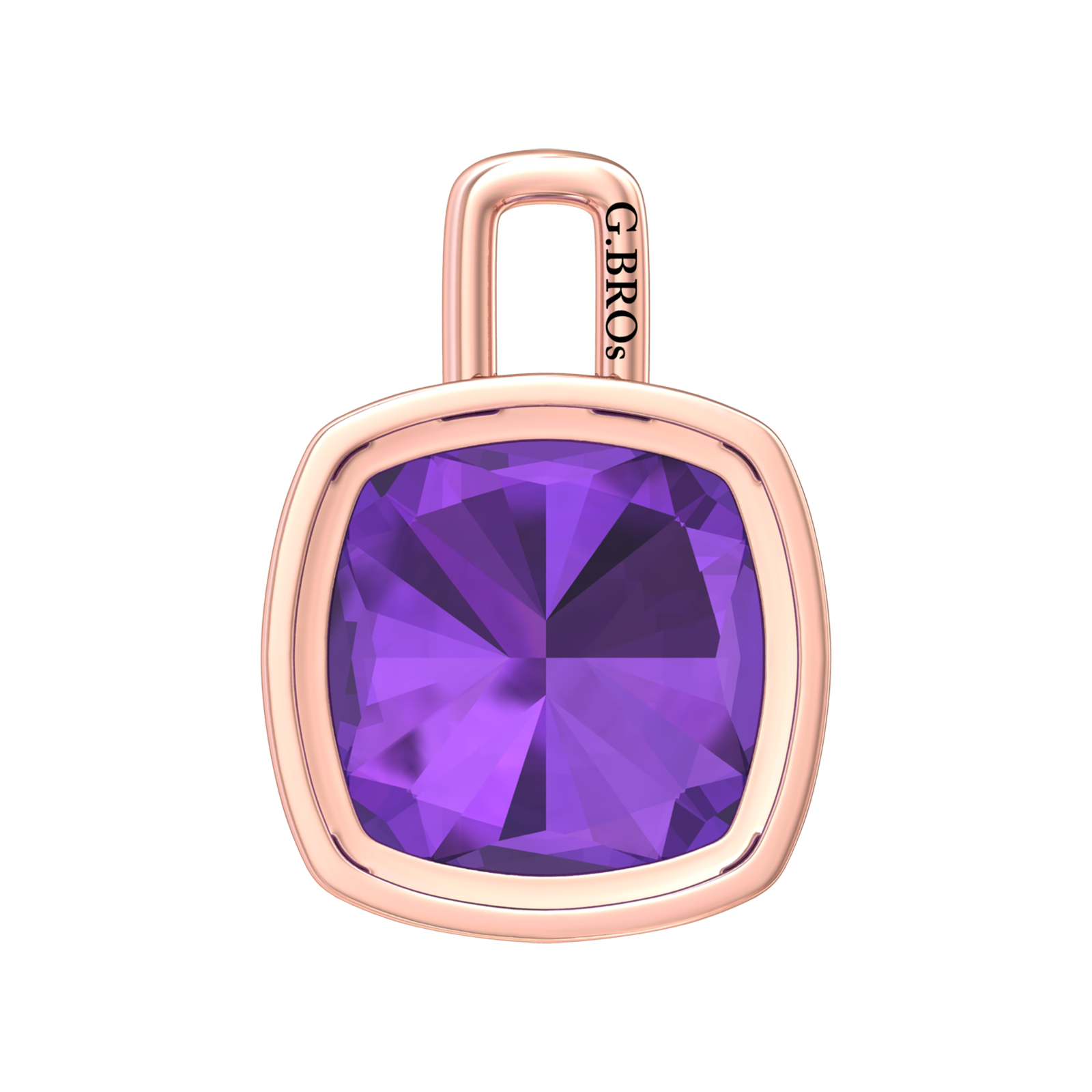 Nova pendant attachment in a plain bezel setting with cushion shaped Amethyst Gardiner Brothers
