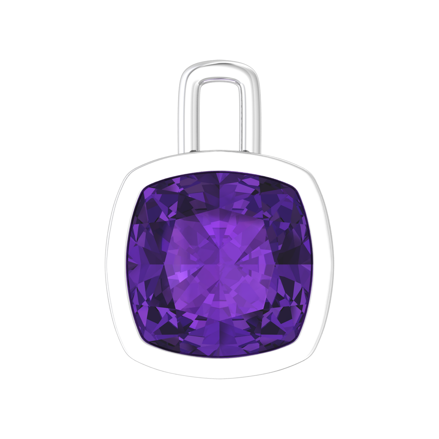 Nova pendant attachment in a plain bezel setting with cushion shaped Amethyst Gardiner Brothers White Gold