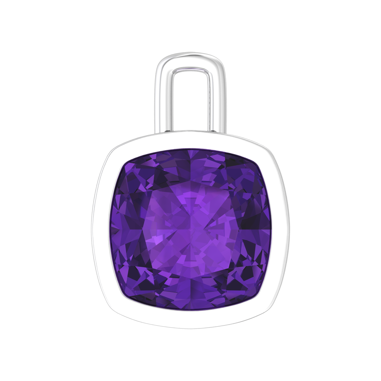 Nova pendant attachment in a plain bezel setting with cushion shaped Amethyst Gardiner Brothers White Gold