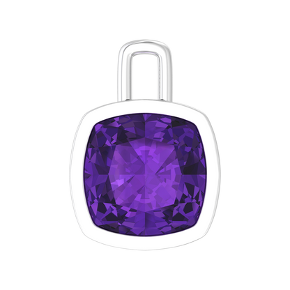 Nova pendant attachment in a plain bezel setting with cushion shaped Amethyst Gardiner Brothers White Gold