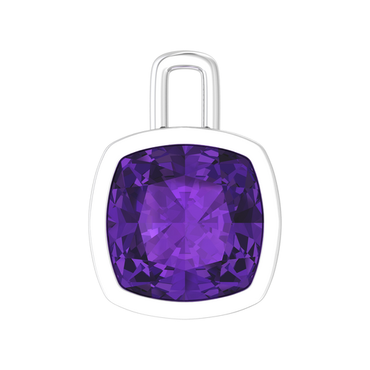Nova pendant attachment in a plain bezel setting with cushion shaped Amethyst Gardiner Brothers White Gold