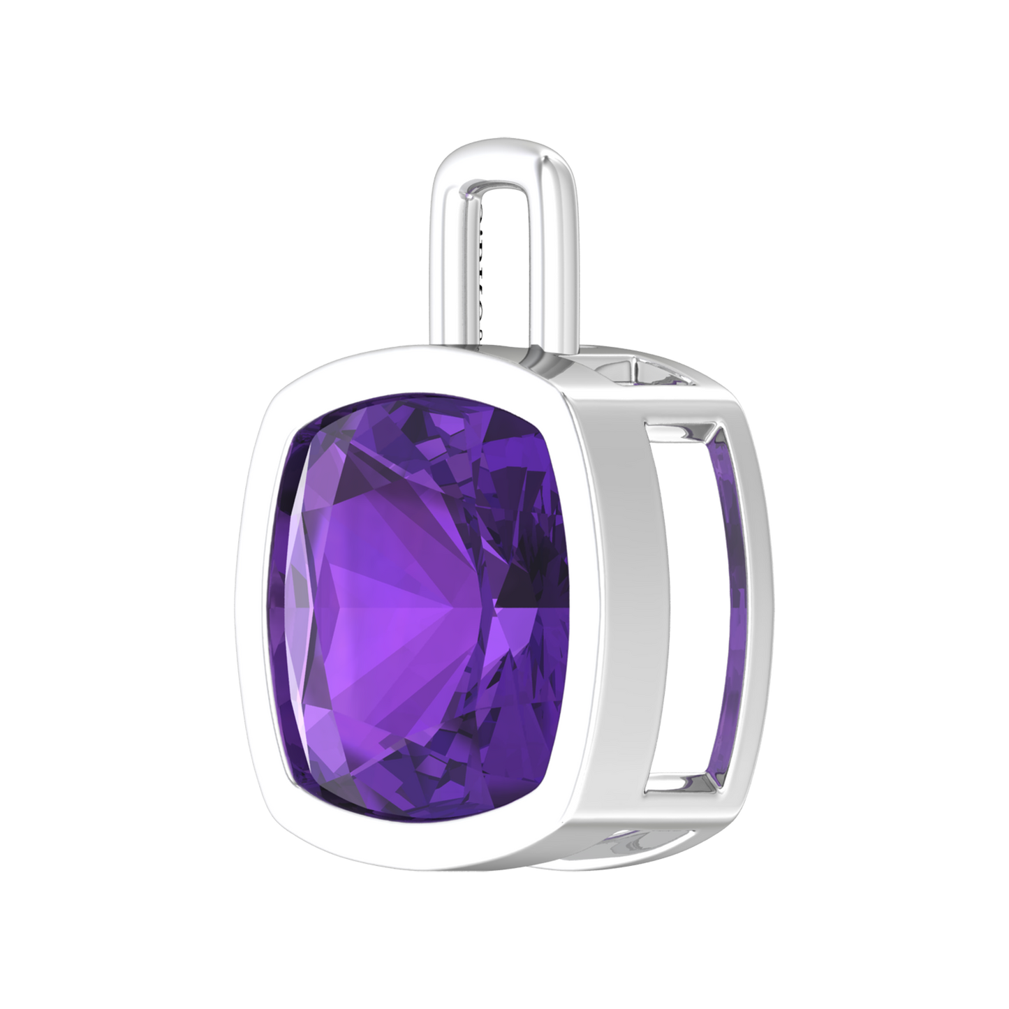 Nova pendant attachment in a plain bezel setting with cushion shaped Amethyst Gardiner Brothers