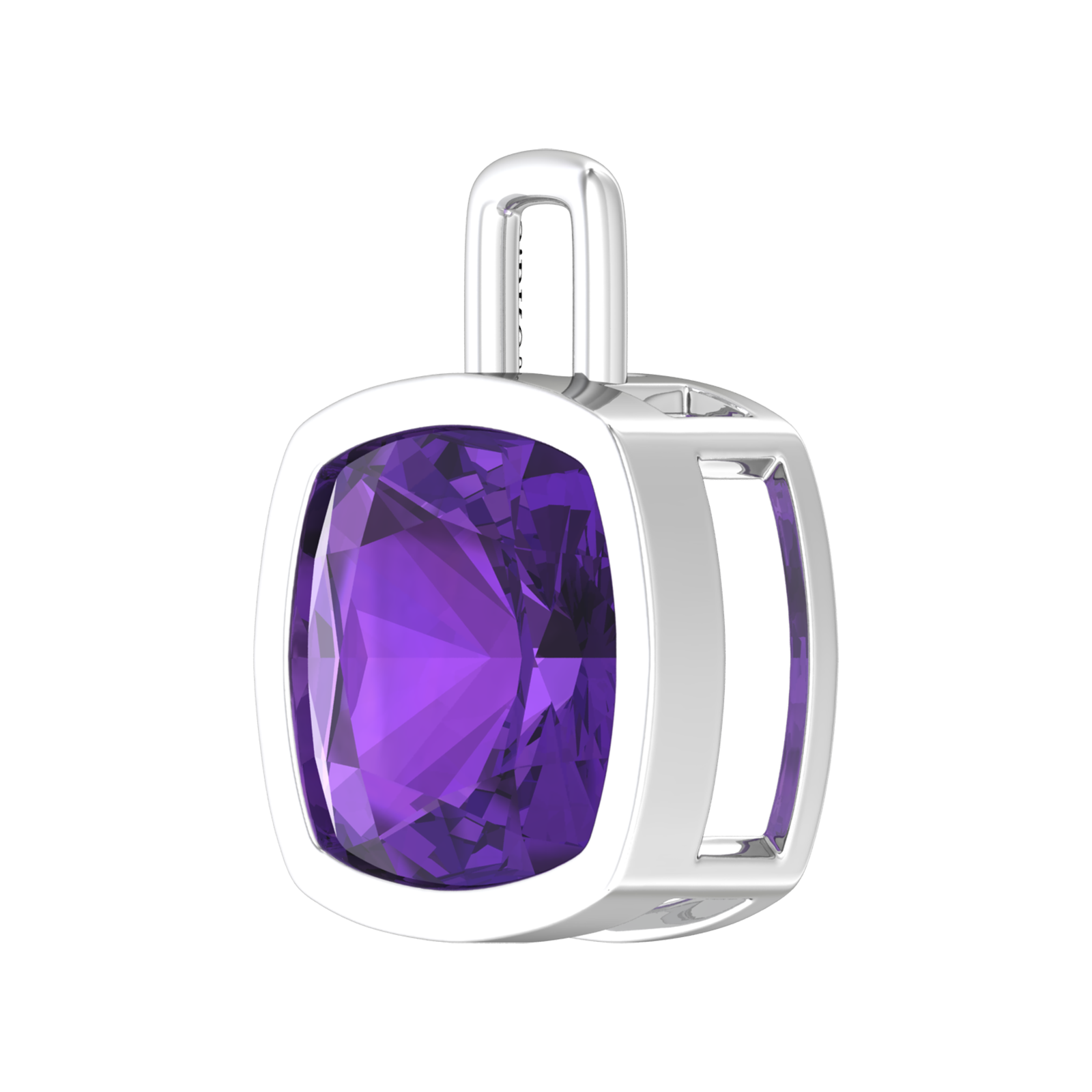 Nova pendant attachment in a plain bezel setting with cushion shaped Amethyst Gardiner Brothers