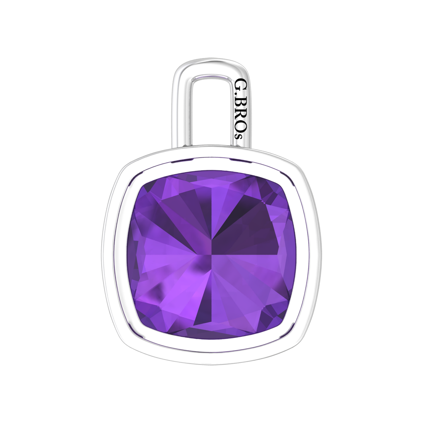 Nova pendant attachment in a plain bezel setting with cushion shaped Amethyst Gardiner Brothers